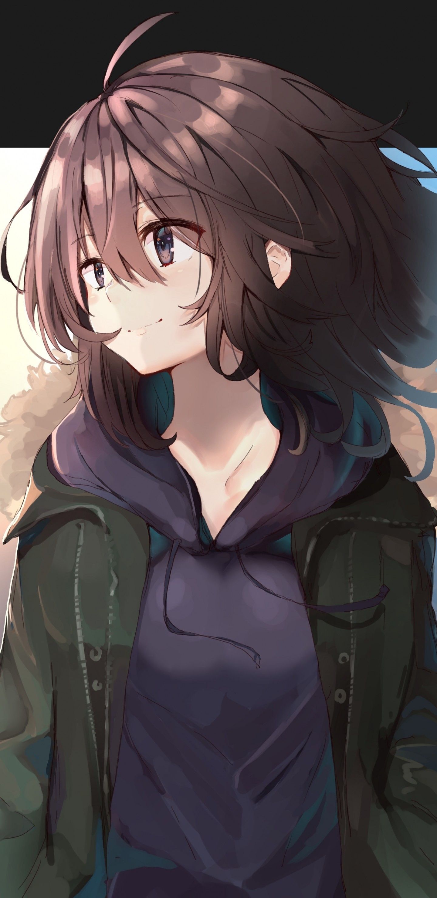 Download 1440x2960 Anime Girl, Brown Hair, Smiling, Looking Away
