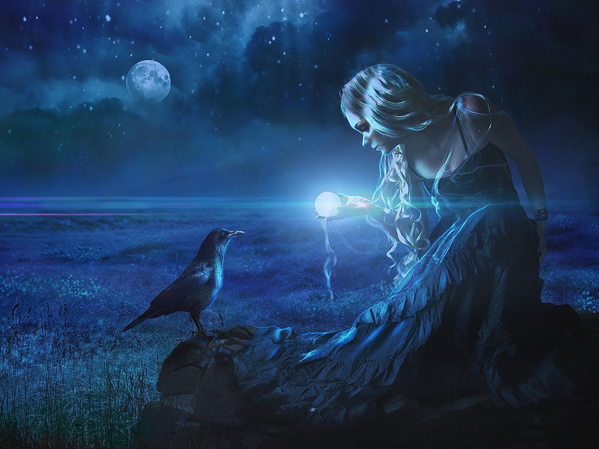 Picture Crows Magic Blonde girl Fantasy Moon night time 2048x1536. Fantasy, Art, New art
