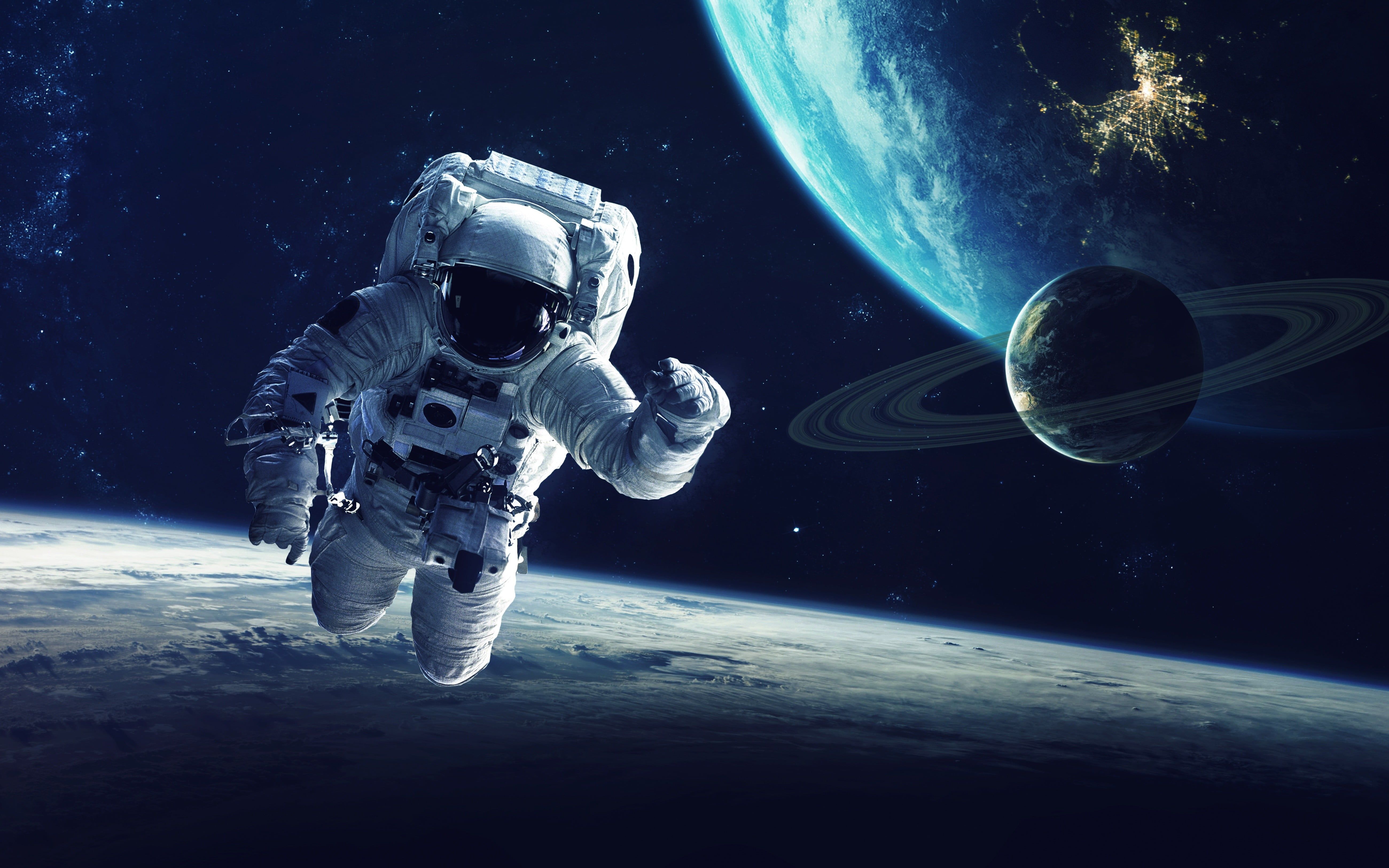 White astronaut suit, astronaut, planet, space, space art HD