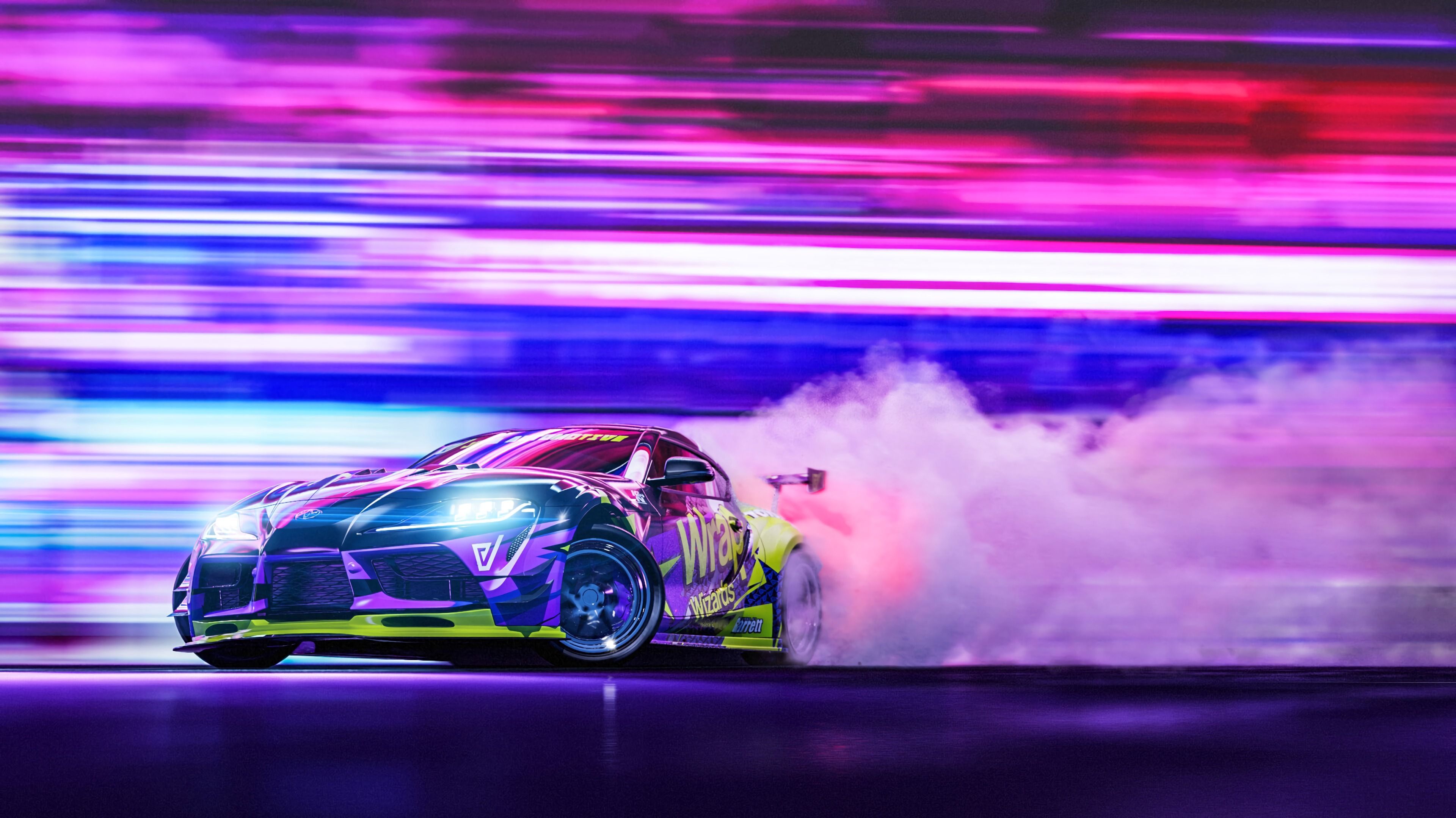 Download wallpaper 3840x2160 sportscar, drift, neon, smoke, speed