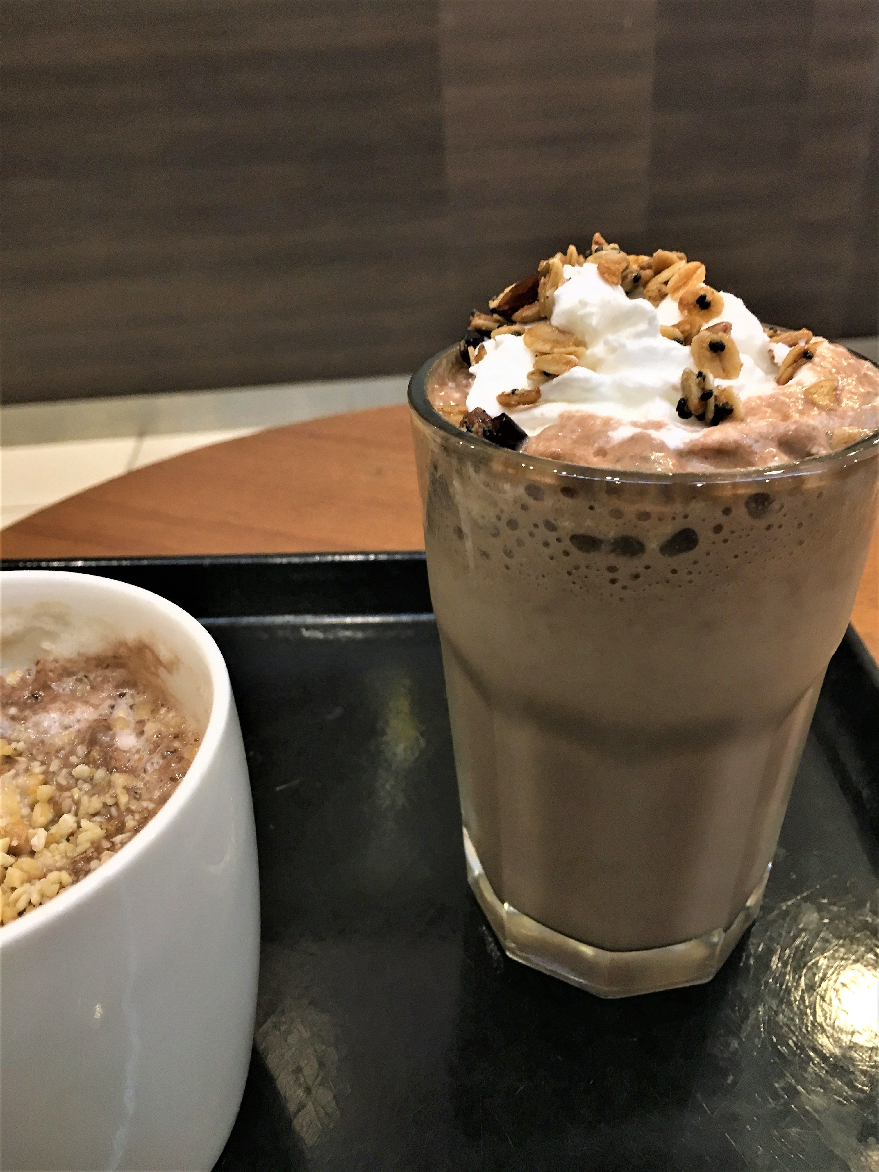 Free of Hot coffee with nuts and cold chocolate shake