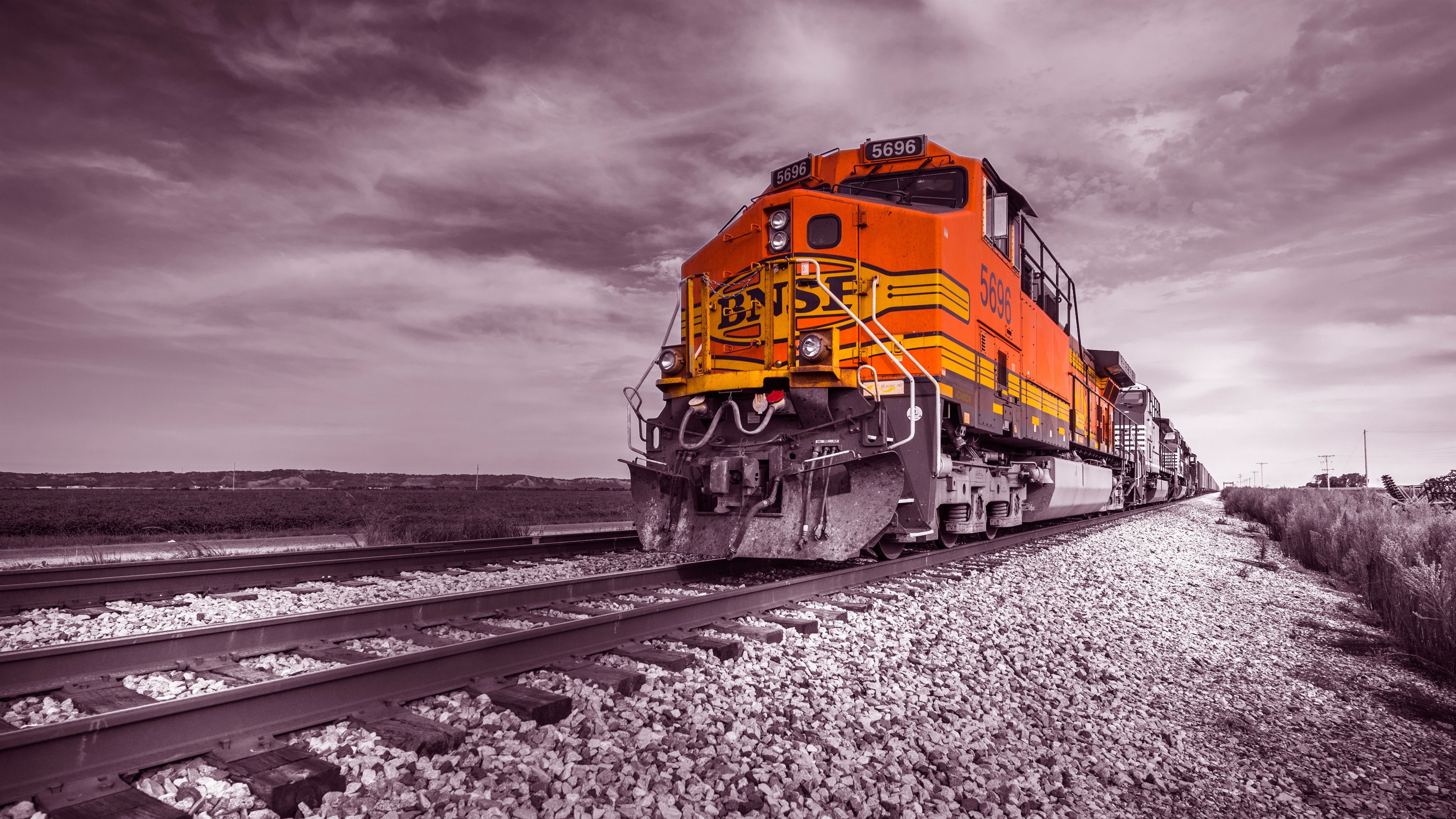 Wallpaper Train, railroad, rocks, clouds 5120x2880 UHD 5K Picture
