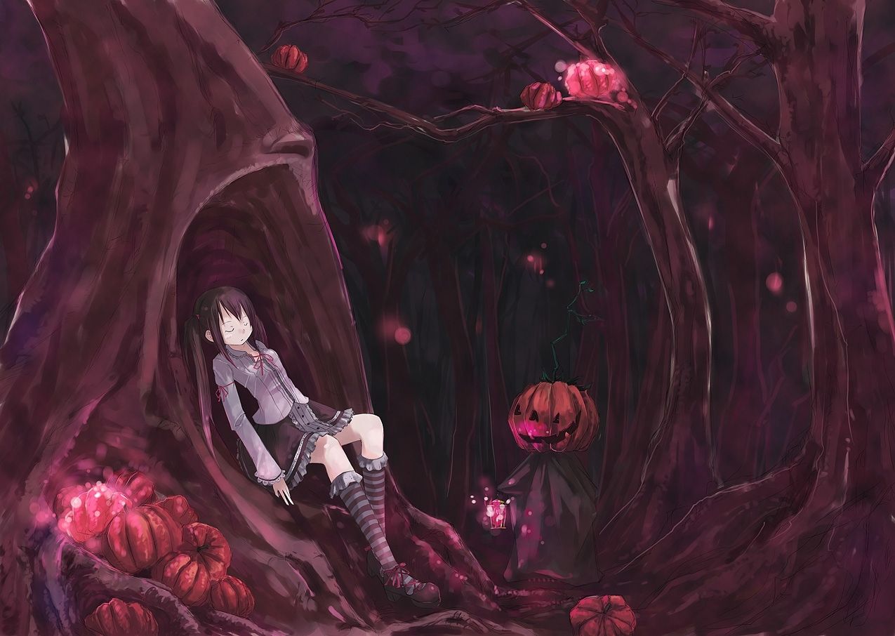Download 1275x906 Creepy forest halloween sleeping artwork anime.