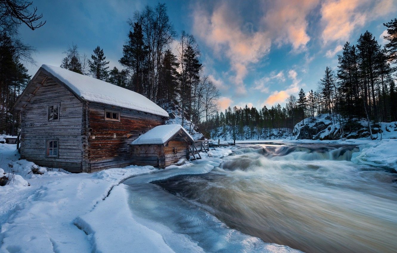 Wallpaper river, snow, winter, house, trees, landscape, house