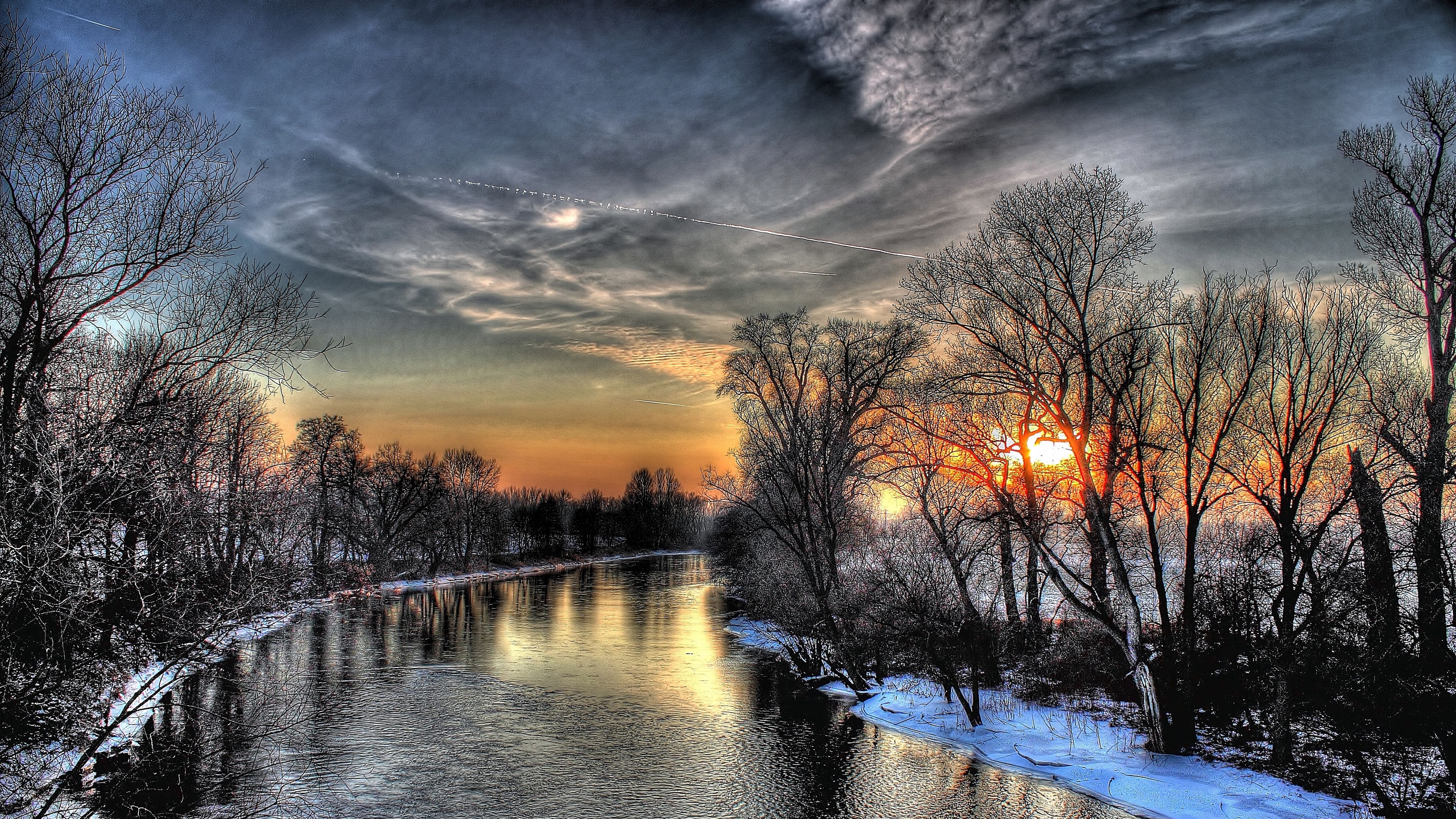 Download wallpaper 3840x2160 sunset, winter, river, sky, hdr 4k