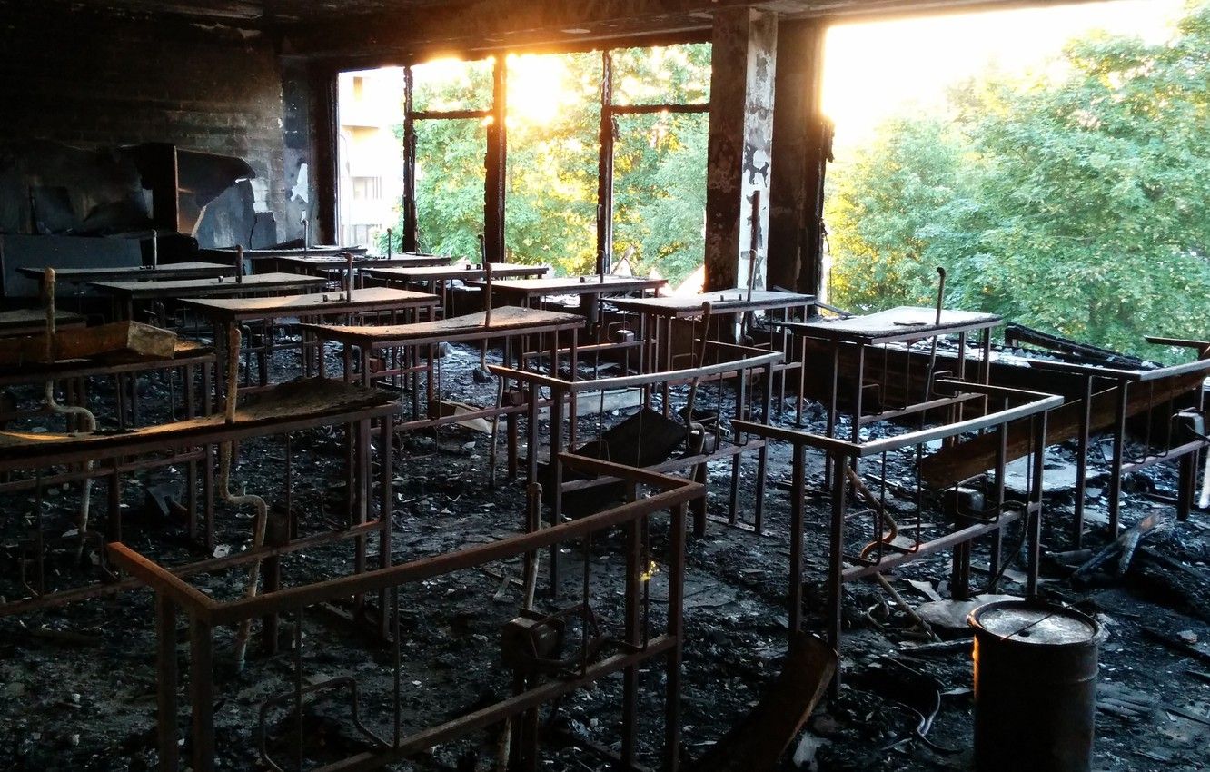 Wallpaper fire, sunset, old, old school, left, burn, burned house