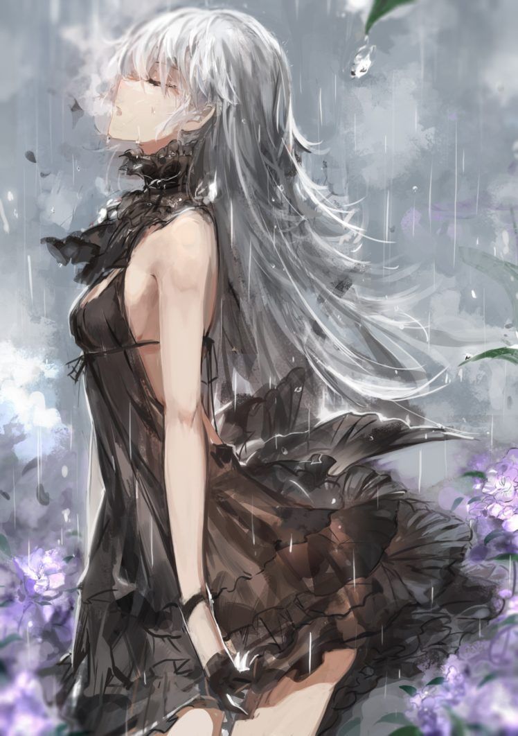original characters, Long hair, White hair, Black dress, Rain