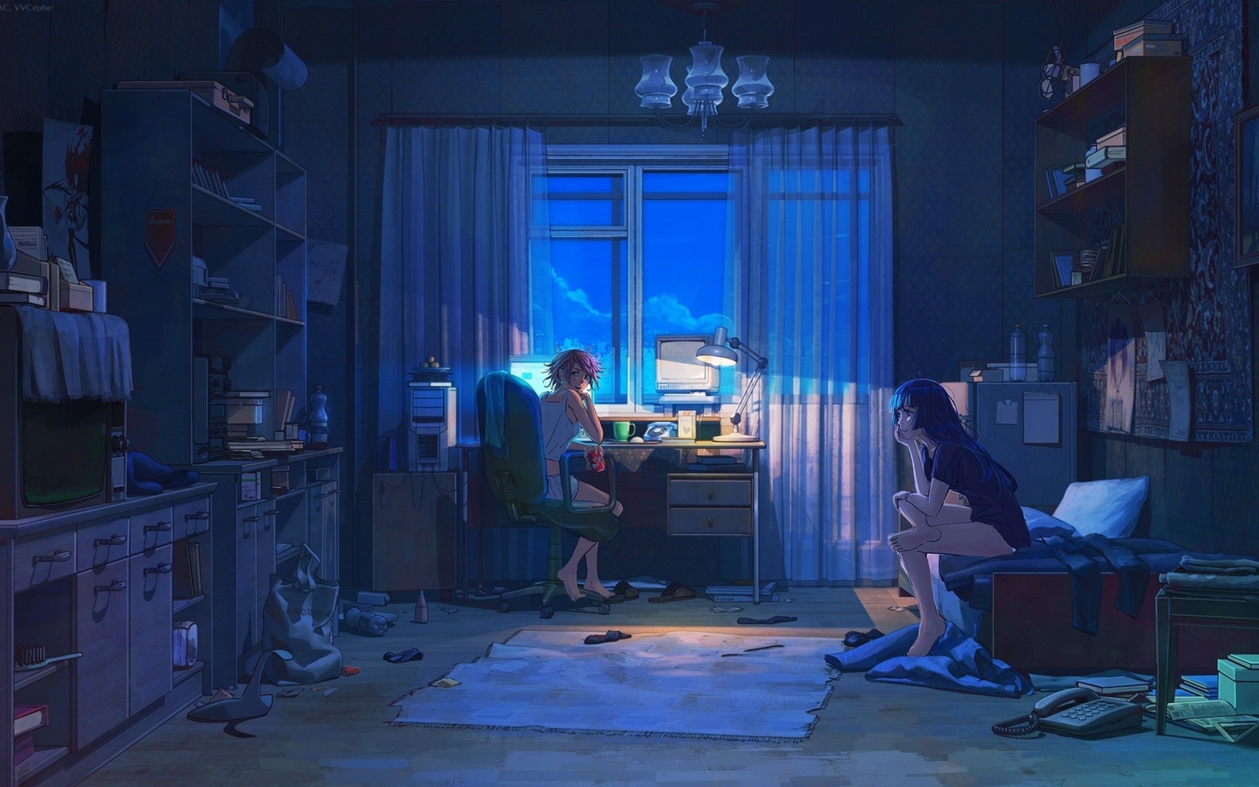 Download 2560x1600 Anime Girl, Room, Night, Computer, Summer