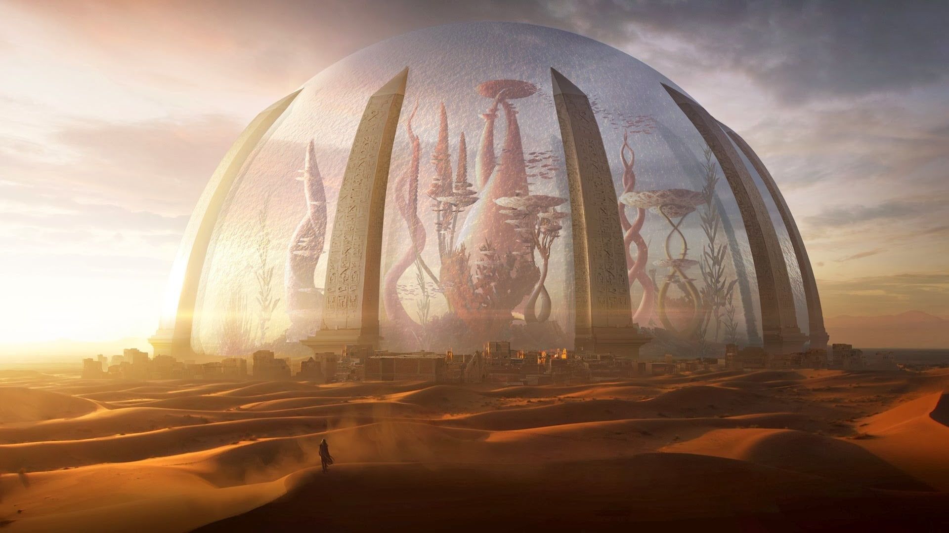 Glass dome city in middle of desert poster, digital art, Torment
