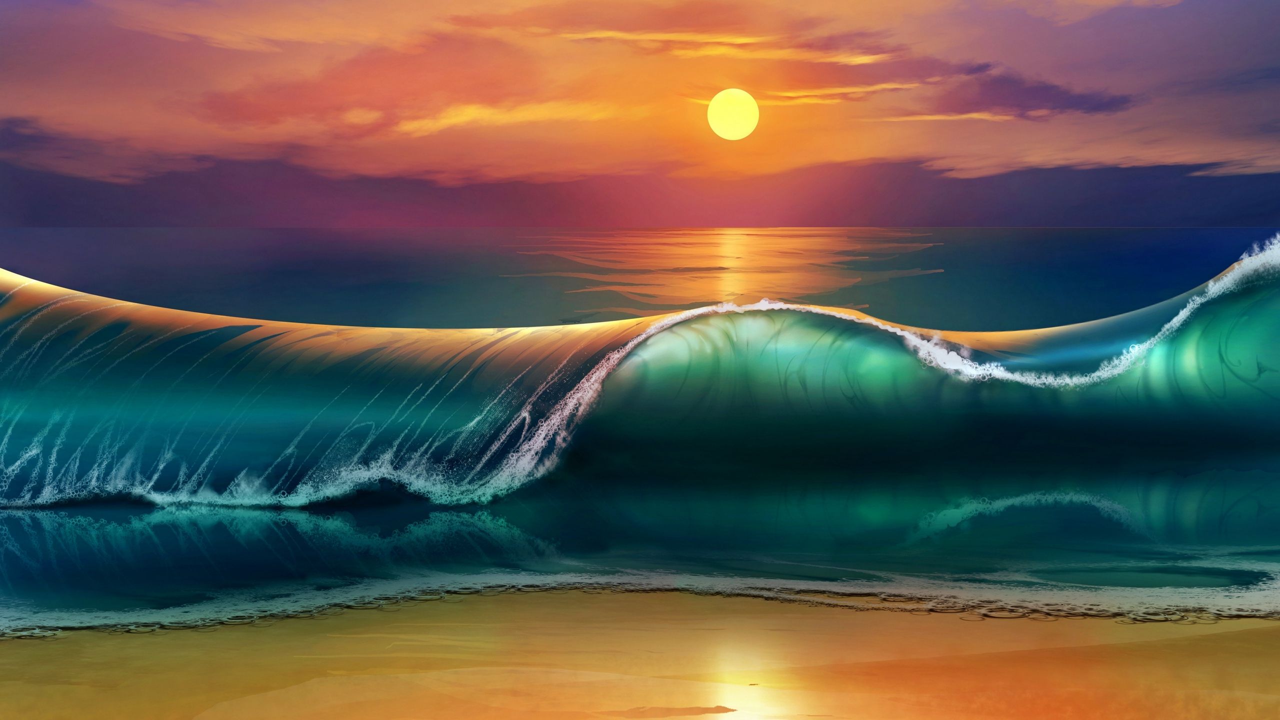 Download wallpaper 2560x1440 art, sunset, beach, sea, waves