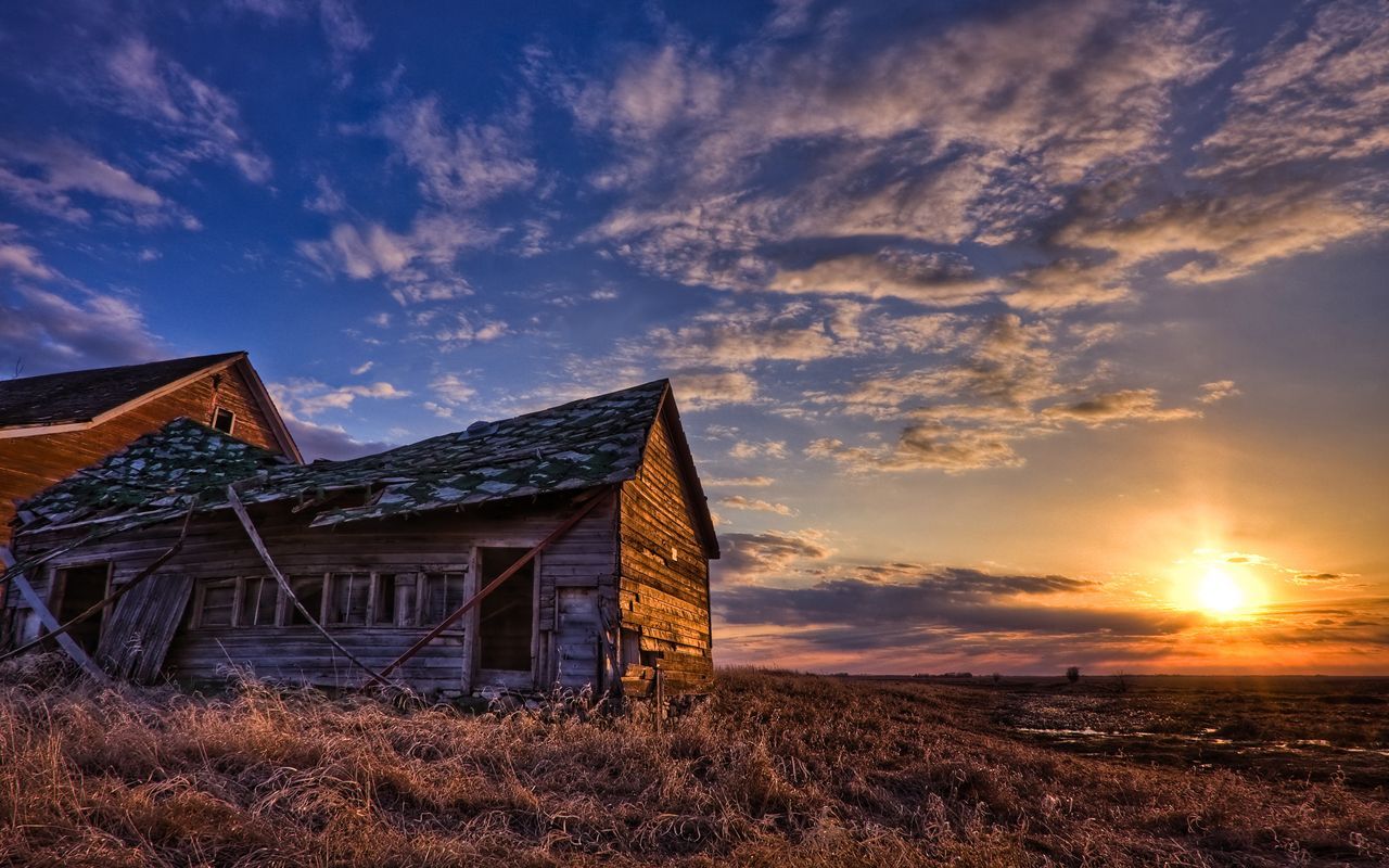Old Barn Prairie Sunset HDR Wallpaper Widescreen