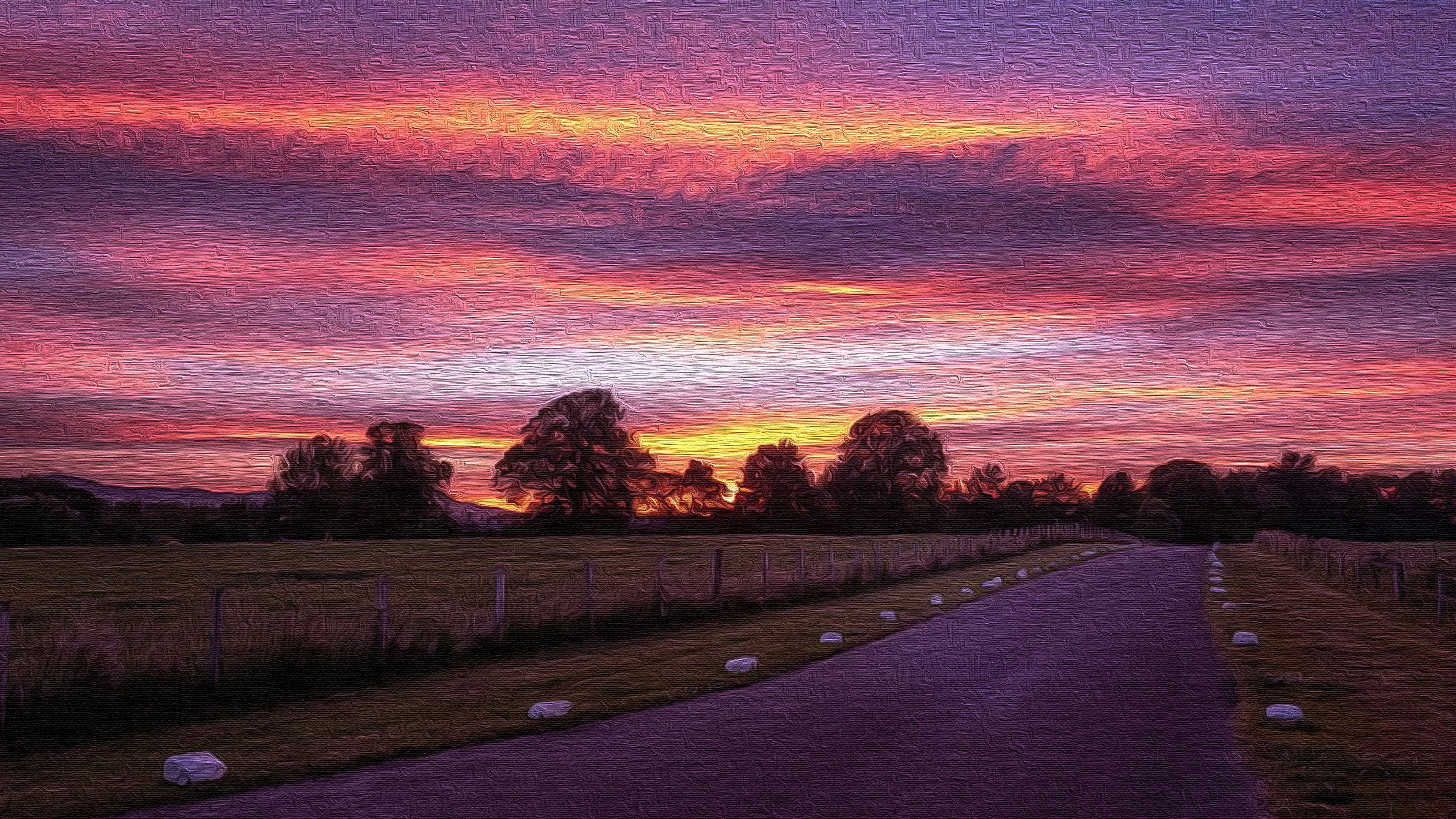 Country Road Sunset on Canvas 4k Ultra HD Wallpaper