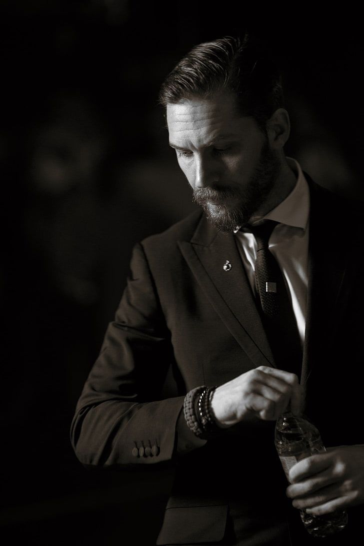 HD wallpaper: men's black and white suit, Tom Hardy, monochrome, adult, one person