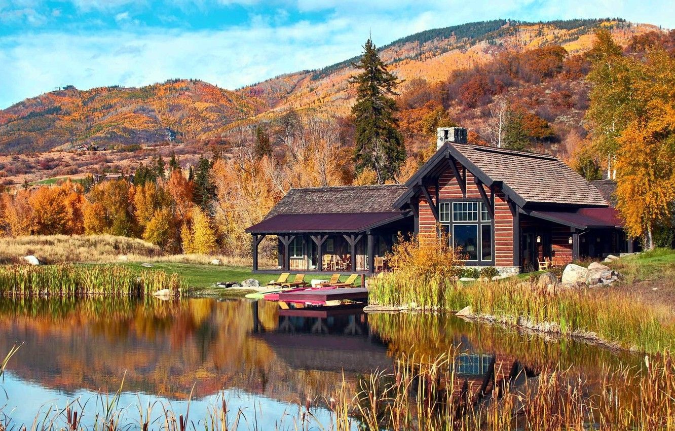 Wallpaper autumn, lake, house image for desktop, section пейзажи