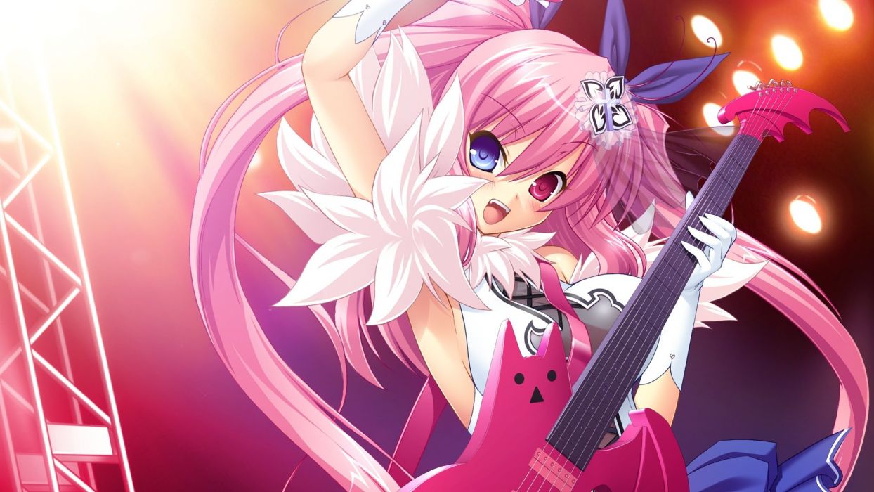 Anime girl with pink hair pink and blue eyes with pink guitar