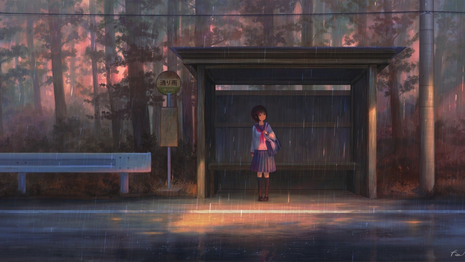 Download 1920x1080 Anime Girl, Bus Stop, Raining, School Uniform