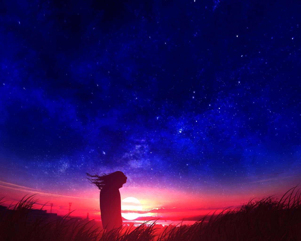 Anime Girl In Field Silhouette Sunset 1280x1024