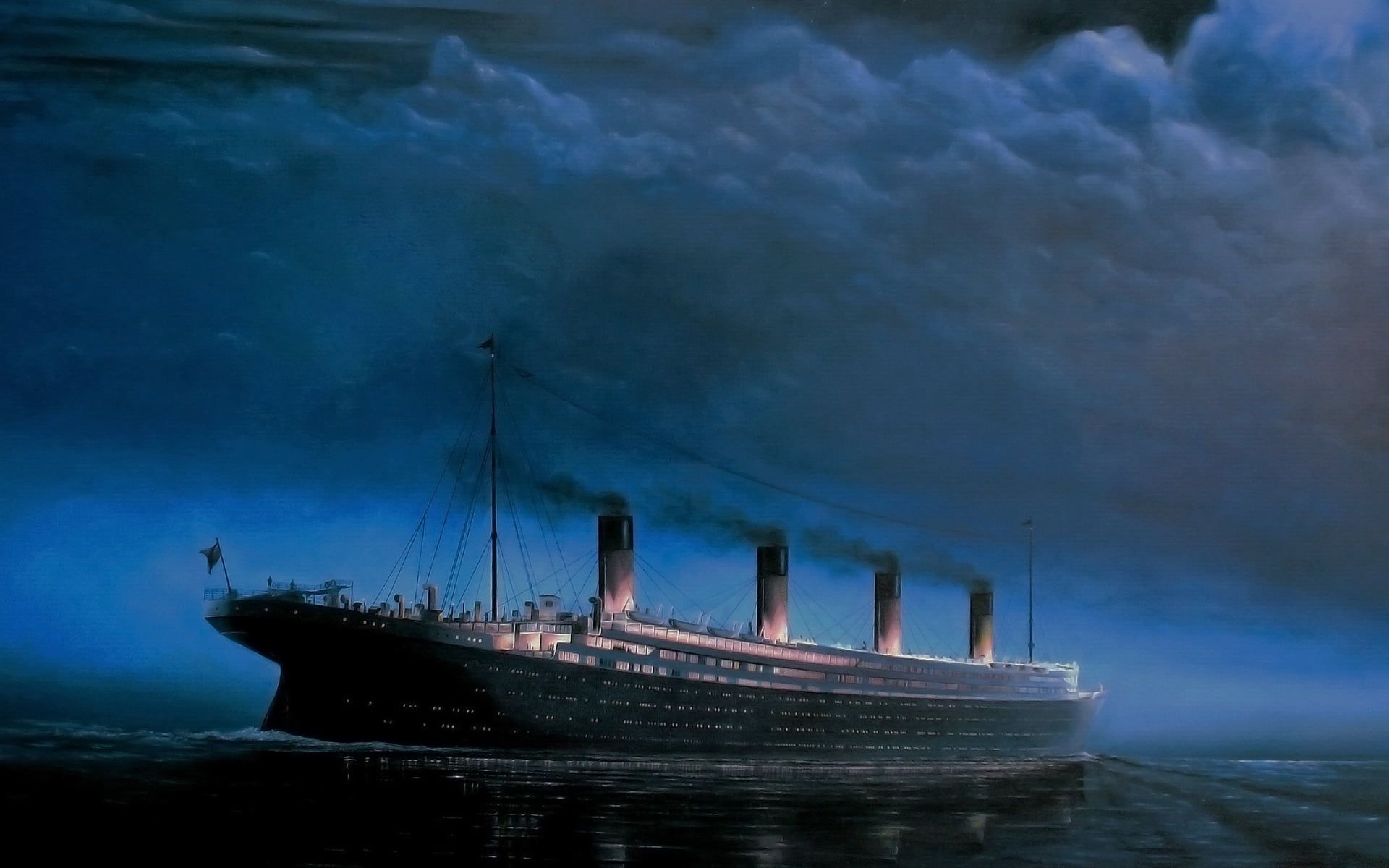 Gray cruiser illustration, Titanic, sea, night, clouds HD
