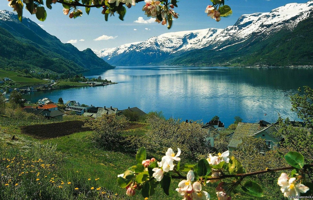 Wallpaper the sky, grass, snow, flowers, mountains, lake, house, spring image for desktop, section пейзажи