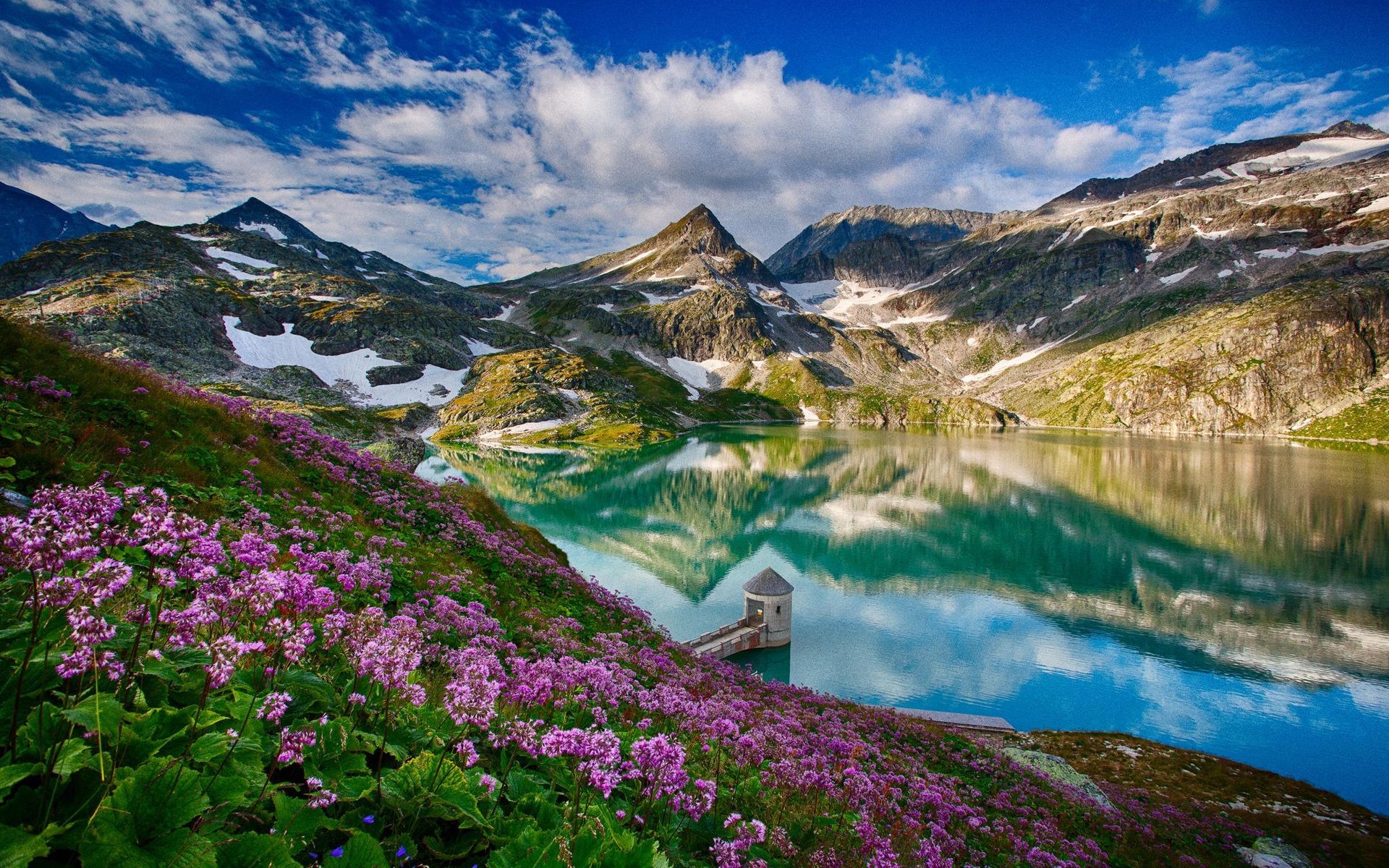 Beautiful spring, mountains, lake, flowers, water reflection