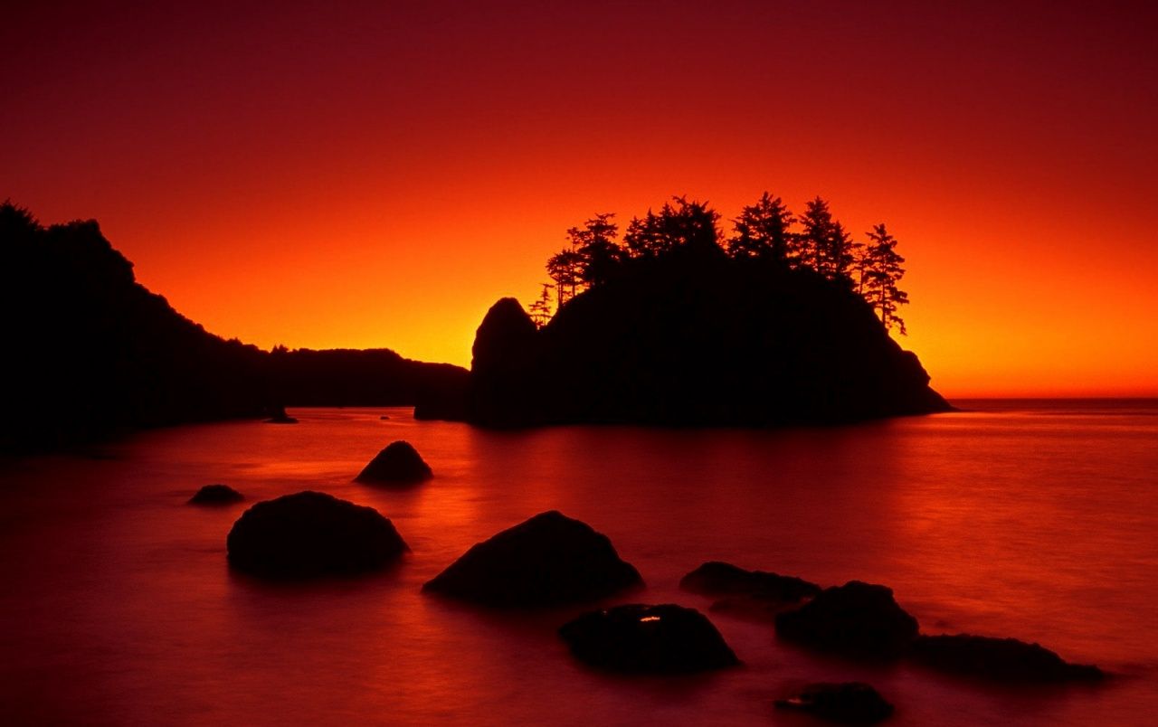Red Sunset Ocean & Dark Island wallpaper. Red Sunset Ocean