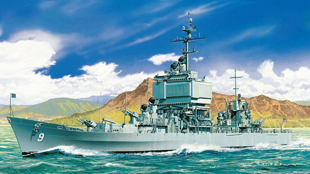 Wallpaper Long Beach CGN 9 Nuclear Missile Cruiser Ship Painting Art