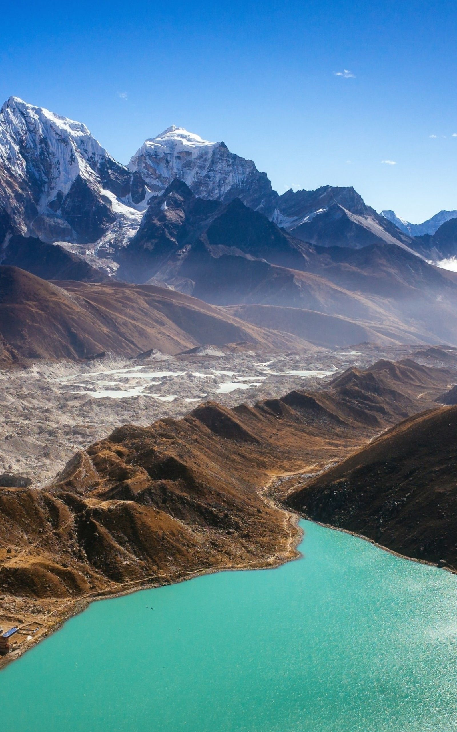 Download 1600x2560 Himalayas, Turquoise Glacial Lake, Mountains
