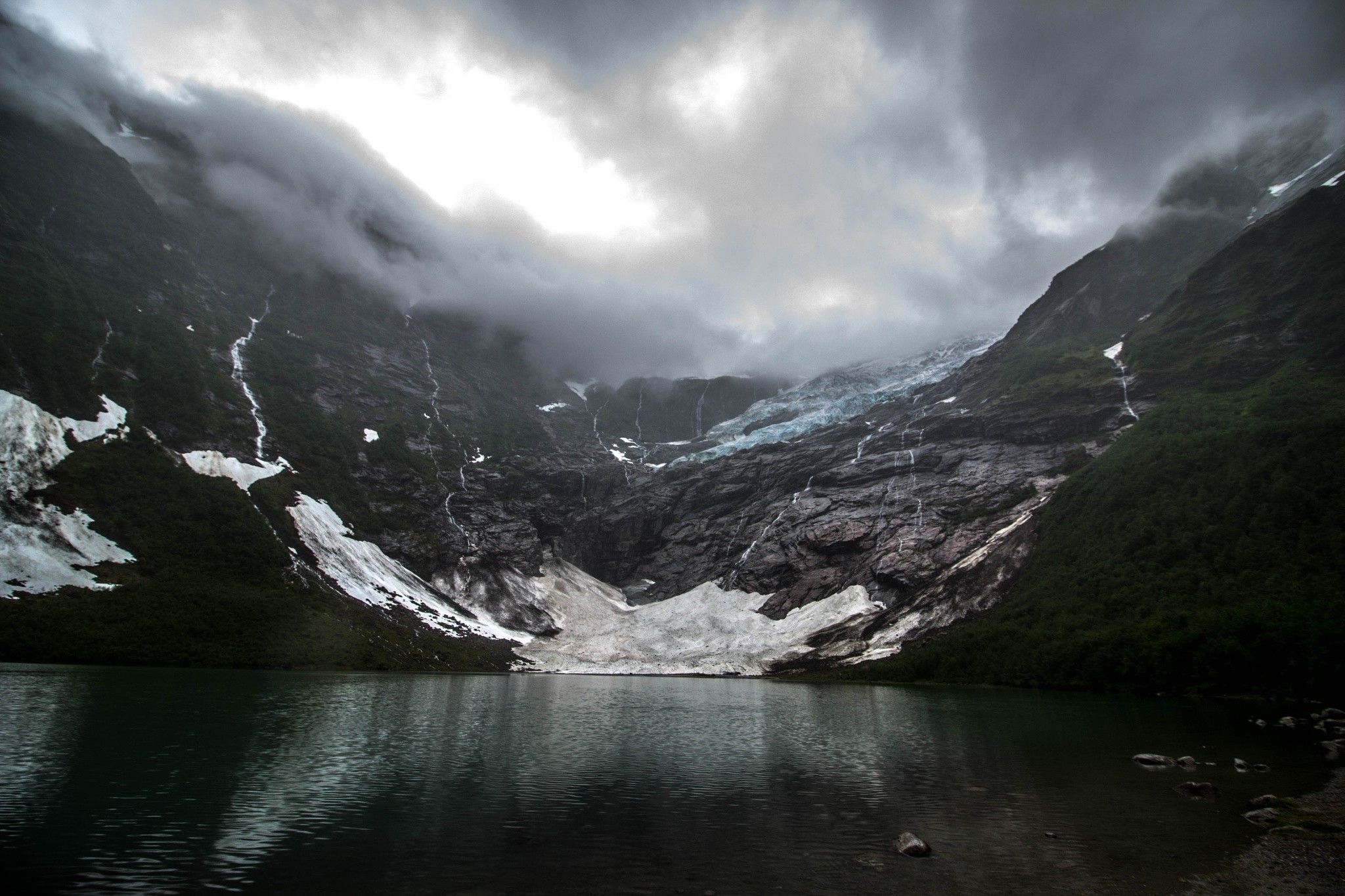 nature, Landscape, Glaciers, Lake, Mountain, Dark, Clouds, Creeks