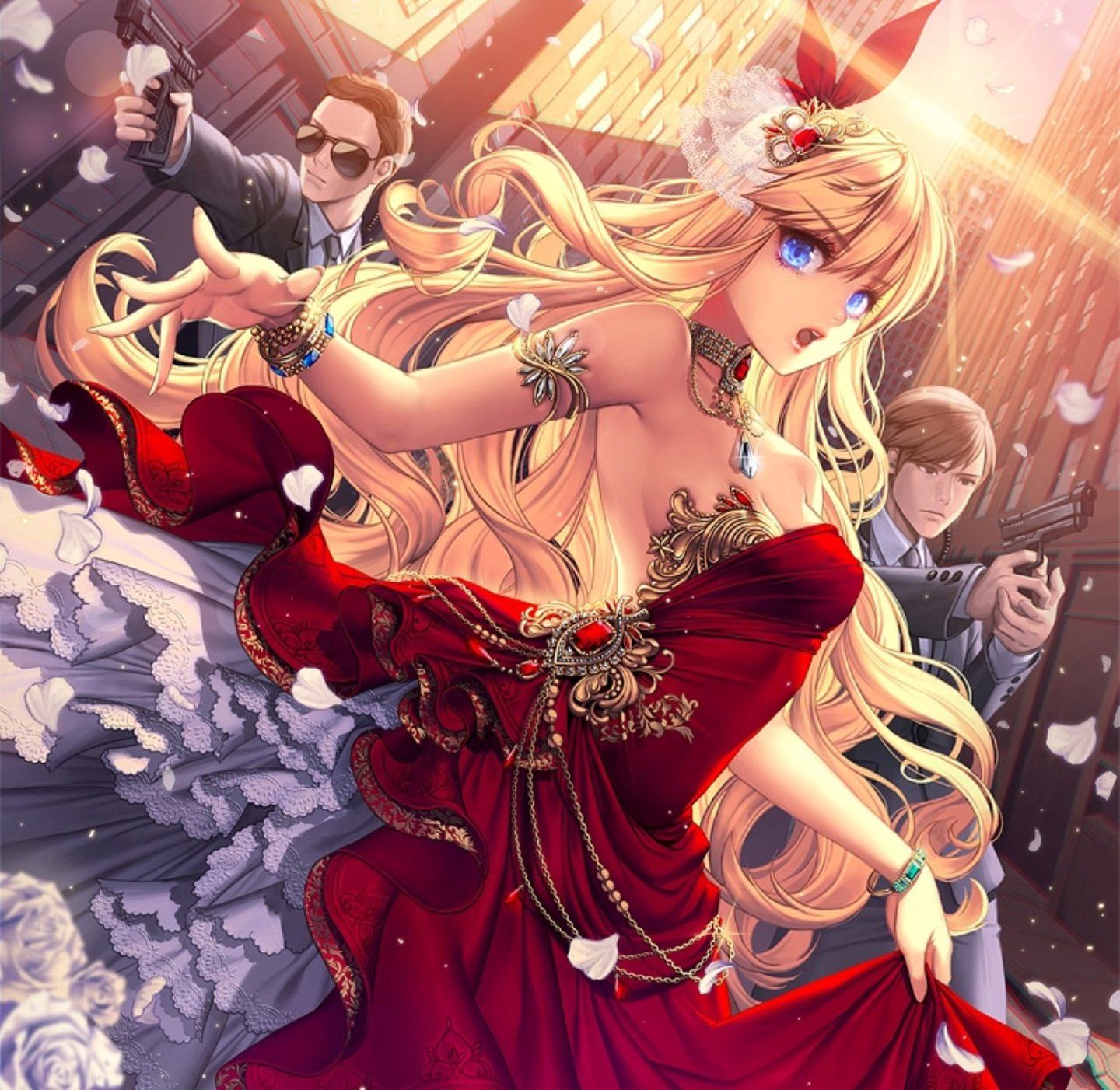 Anime girl boys gun glasses red dress petals blue eyes bodyguard