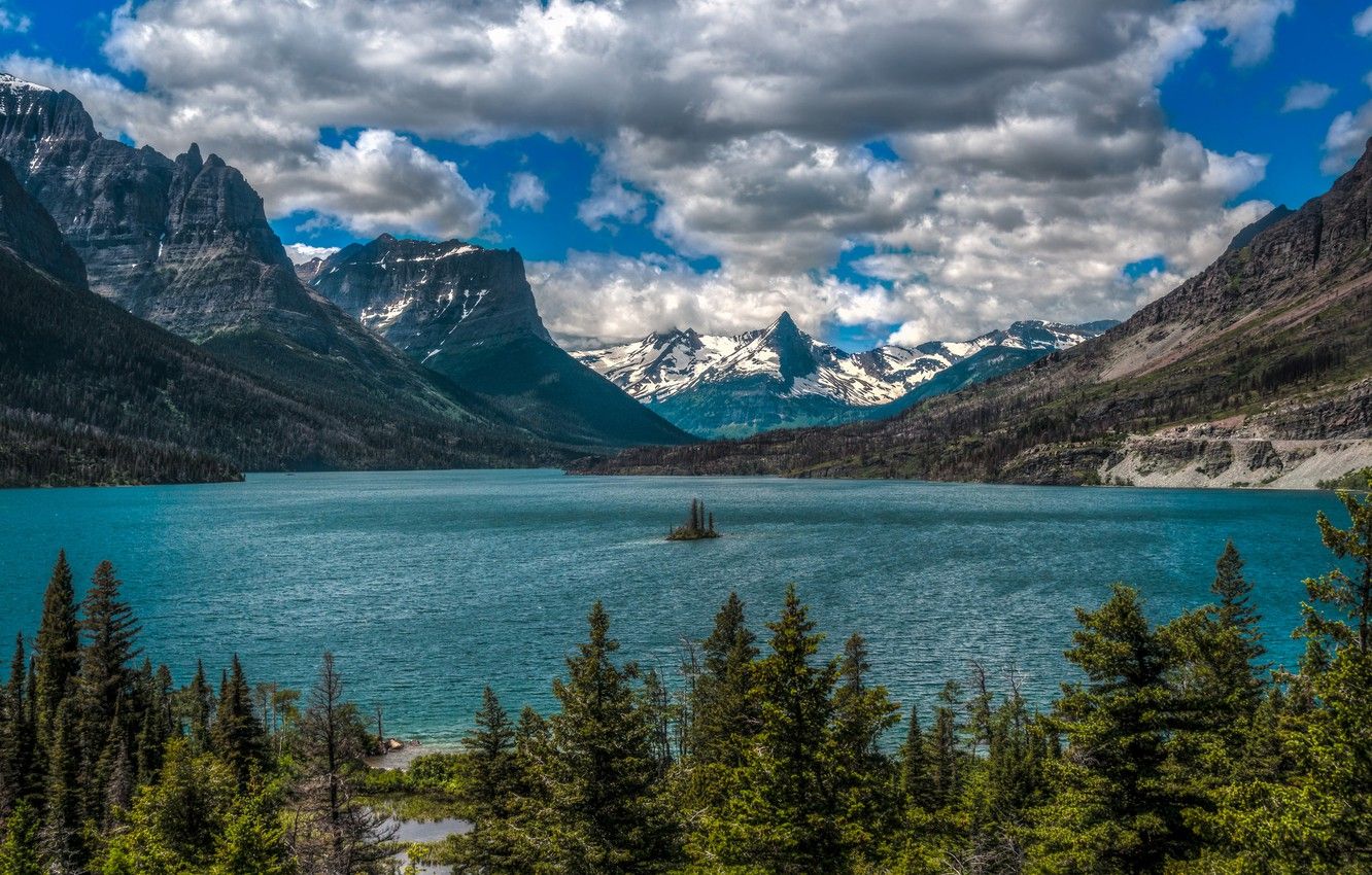Wallpaper clouds, mountains, lake, Montana, island, Glacier