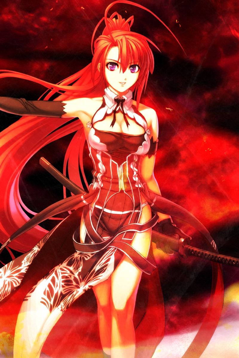 Download wallpaper 800x1200 anime, girl, red, hair, sword