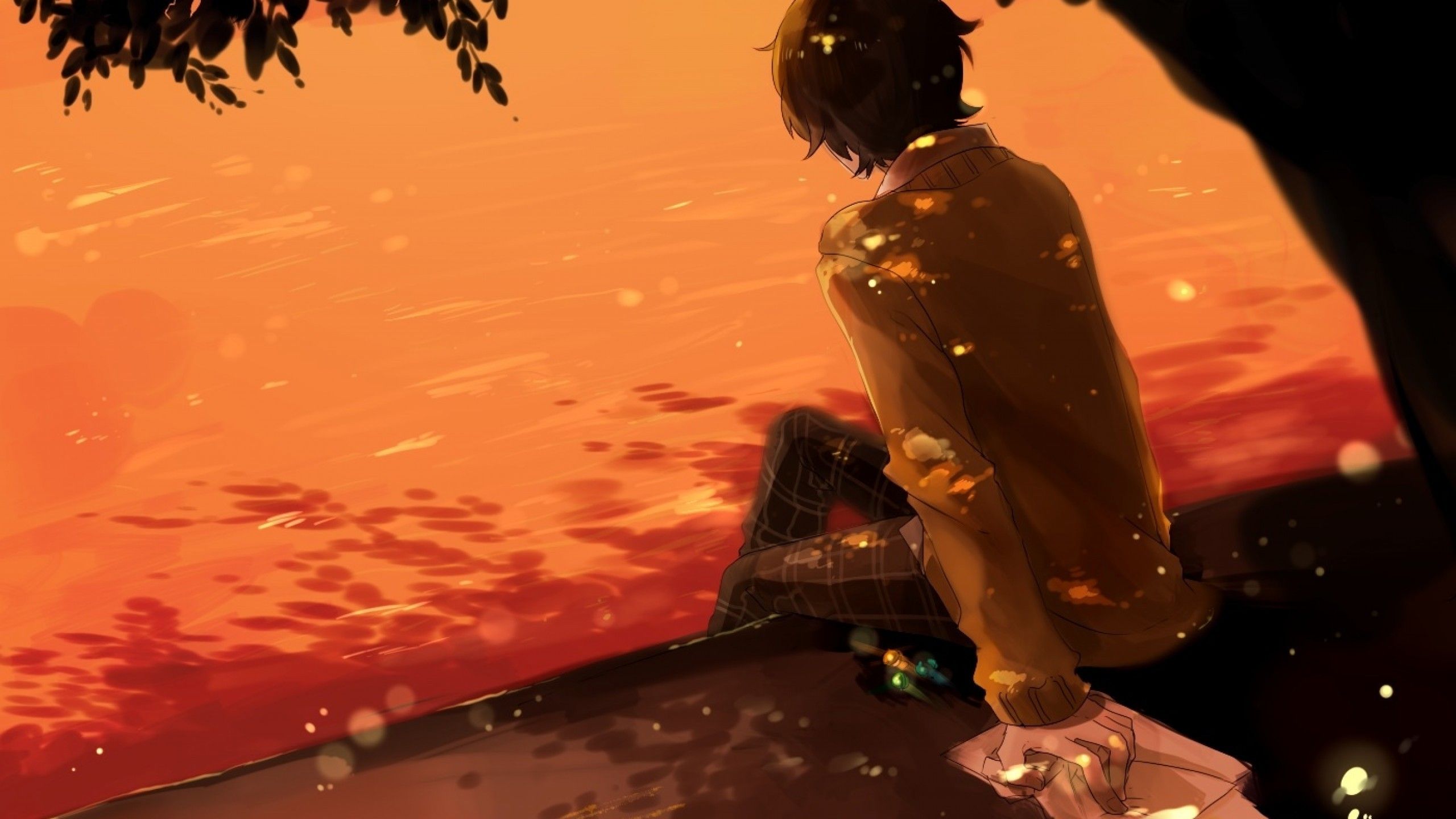 Download 2560x1440 Anime Boy, Sunset, Tree Wallpaper for iMac 27