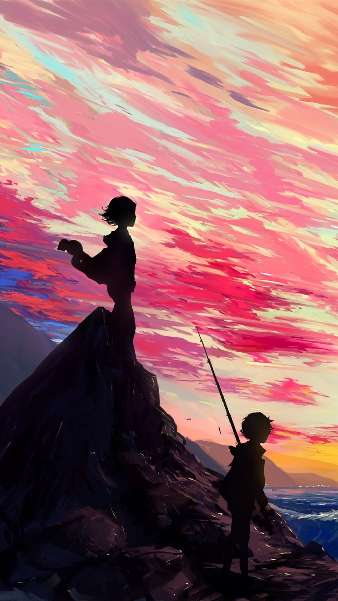 Beautiful anime picture, girl and boy, sea, clouds, sunset