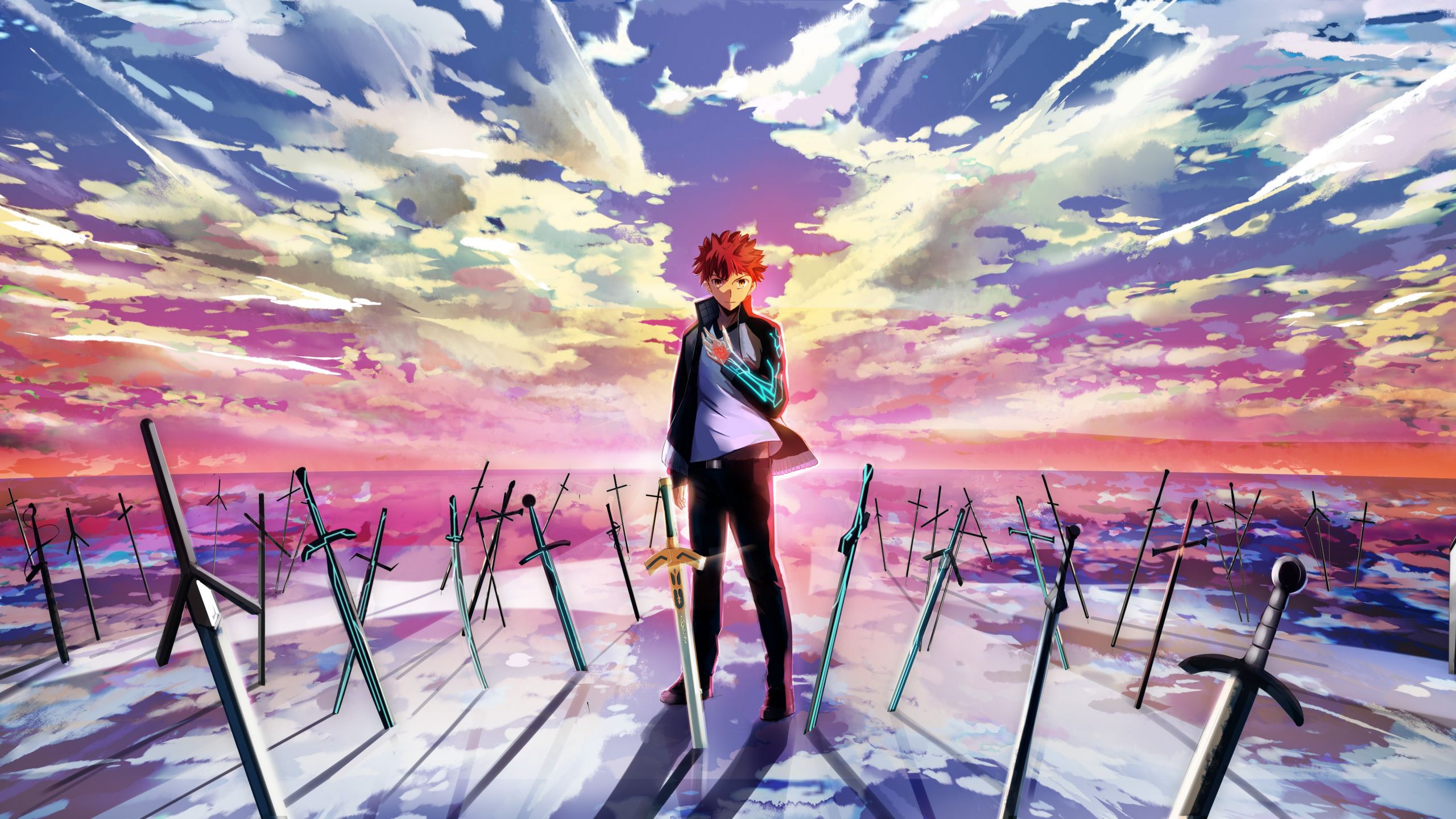 Download Fate Stay Night, Anime Boy, Swords, Sunset, Artwork