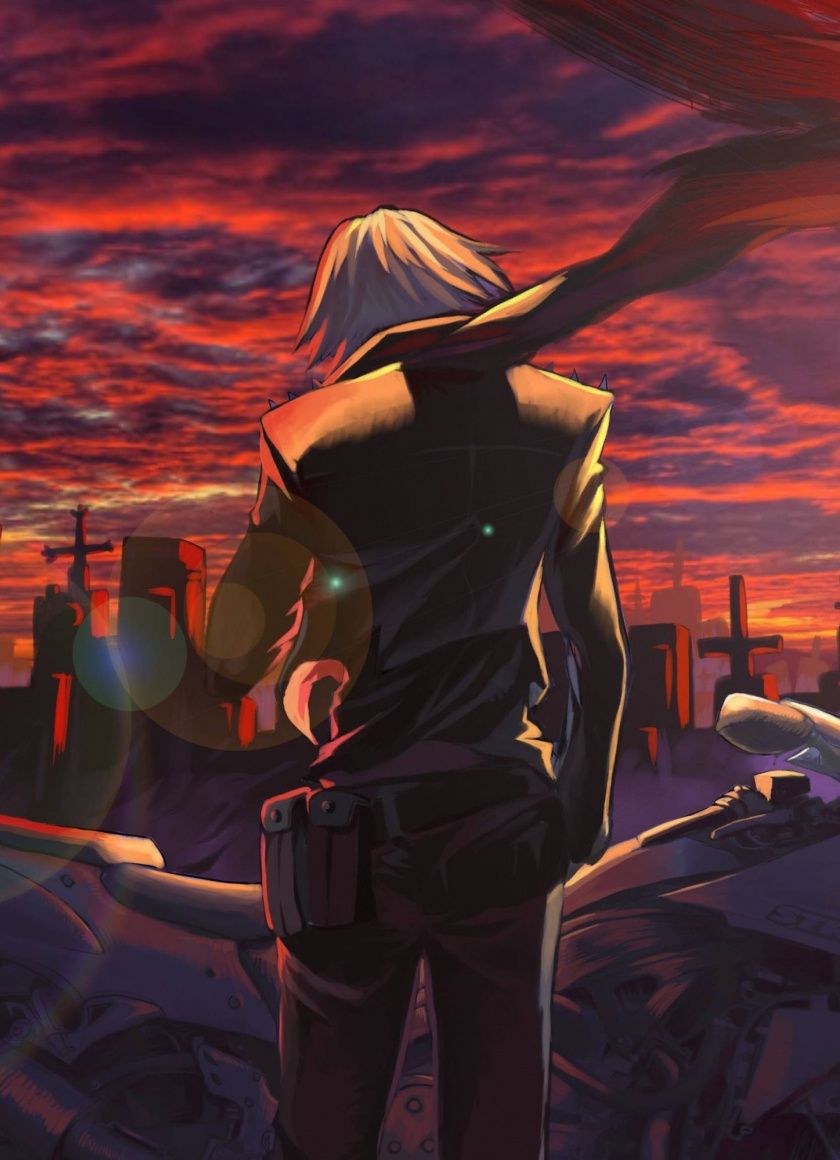 Download 840x1160 wallpaper anime boy, bike, sunset, graveyard