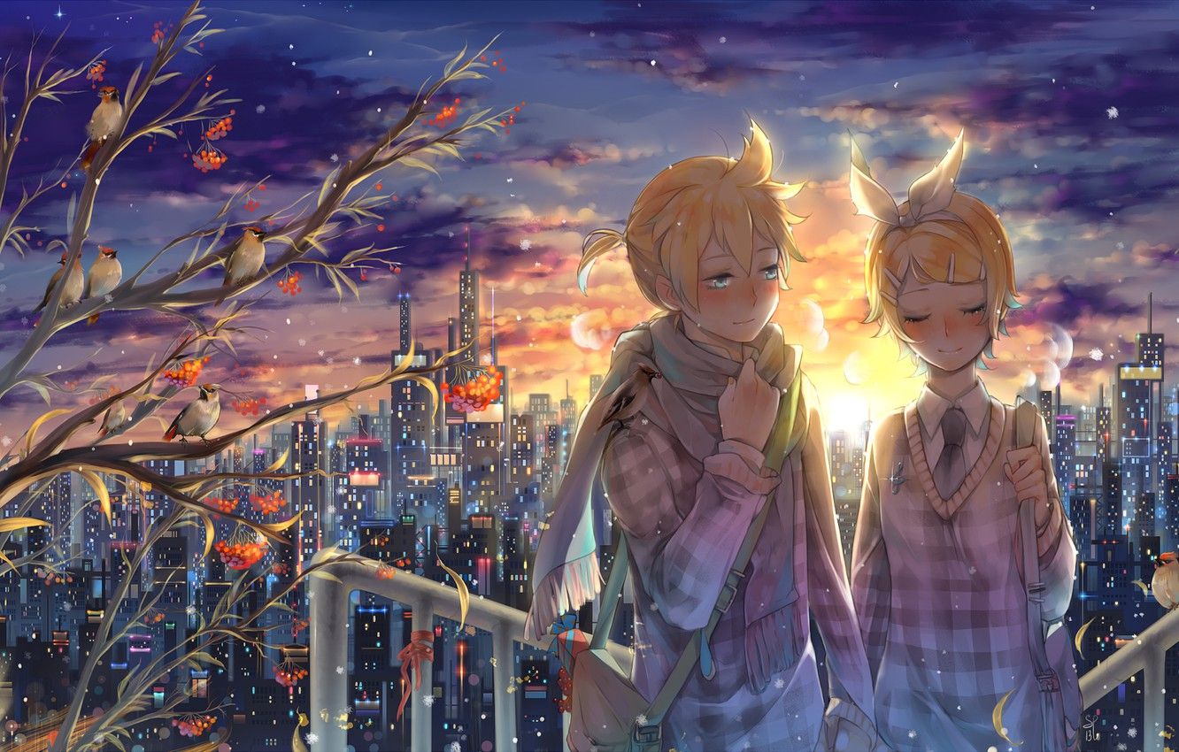 Wallpaper winter, sunset, snowflakes, the city, mood, anime, boy