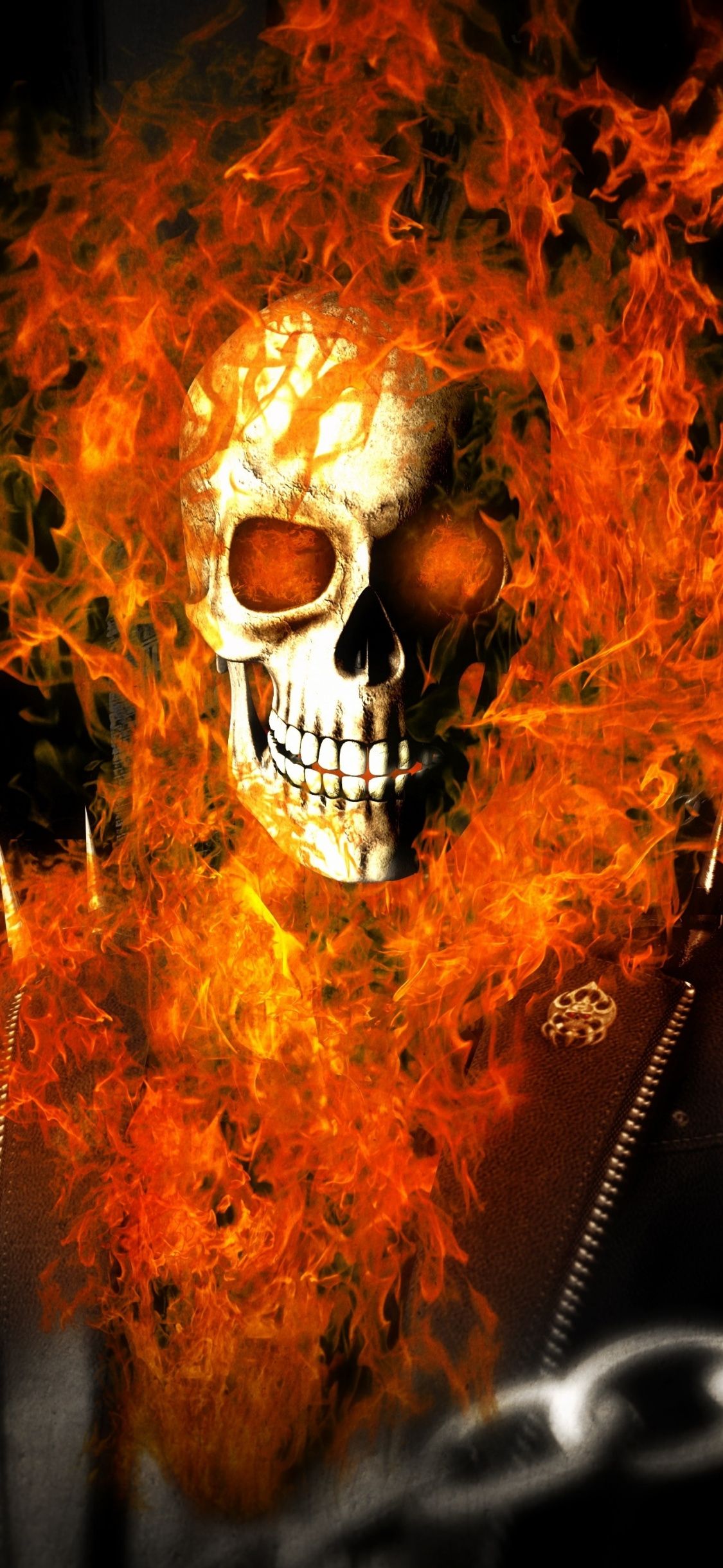 Download 1125x2436 wallpaper skull and fire, ghost rider
