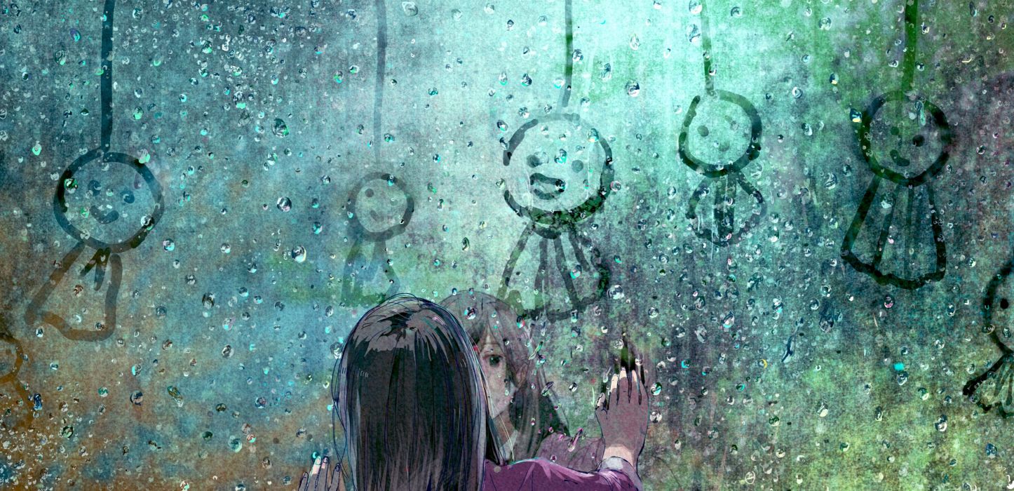 Anime girls original characters rain black hair window wallpaper