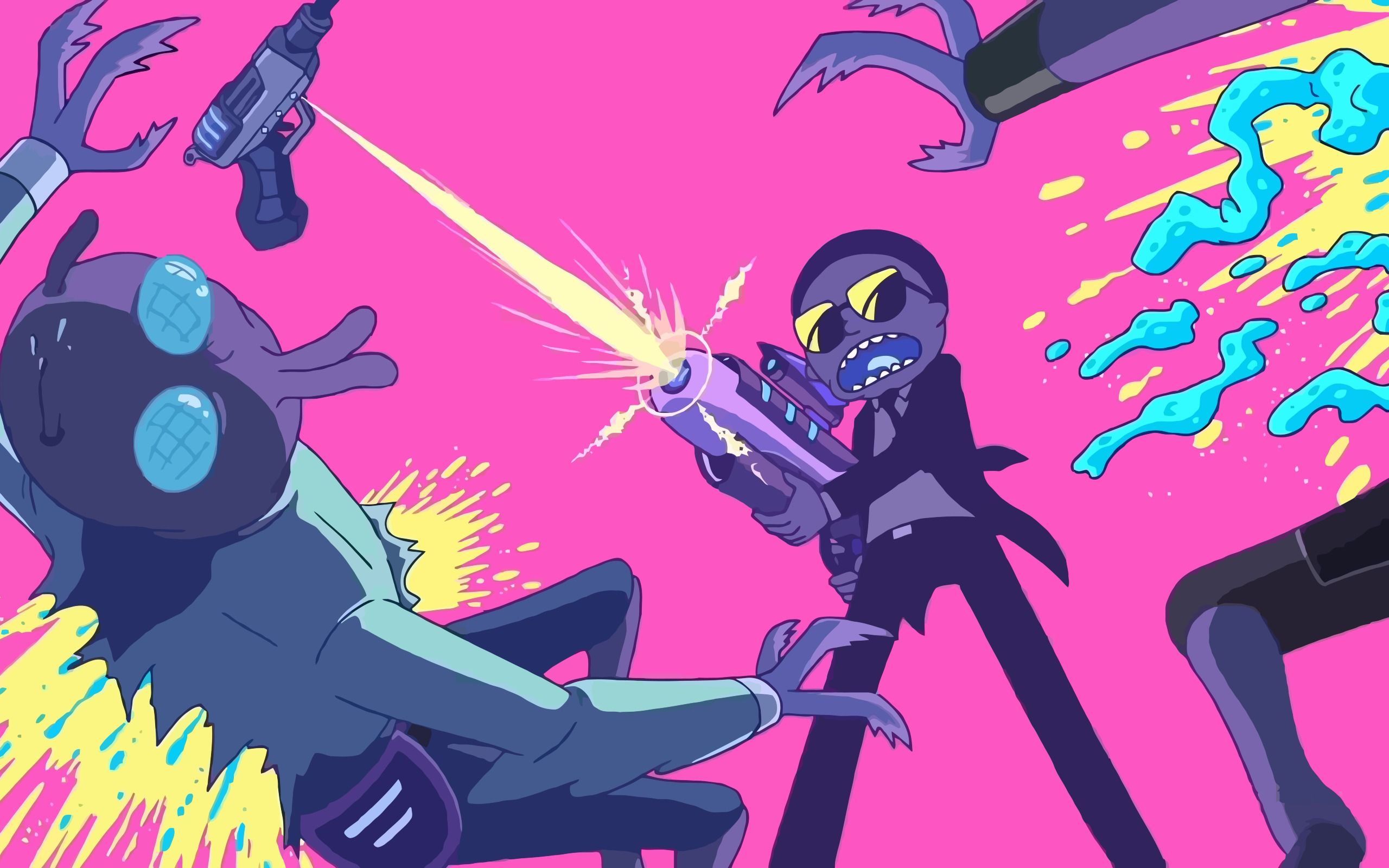 Rick and Morty Fighting WIth Aliens 2560x1600 Resolution