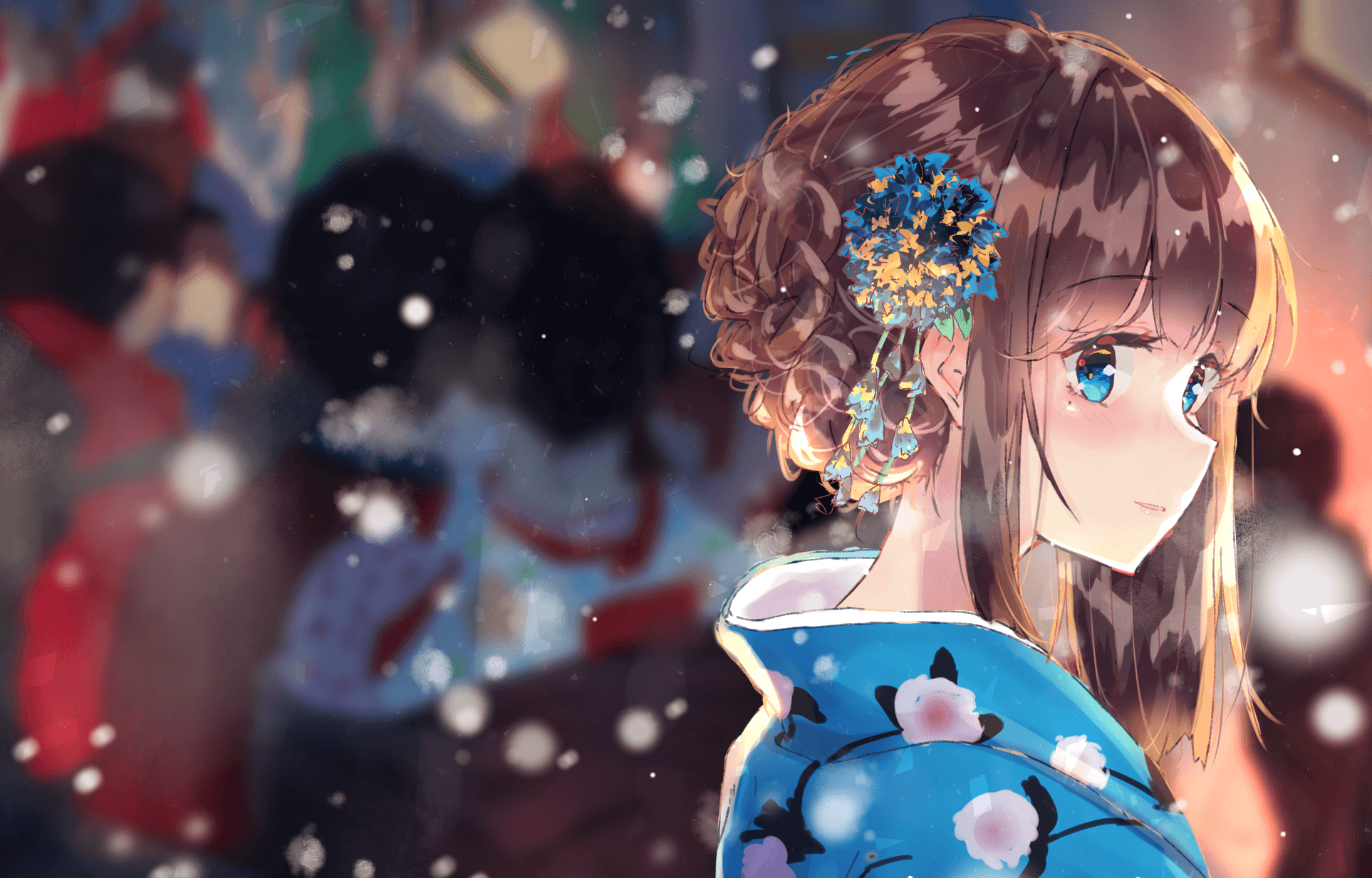 Brown Hair, Anime, Cute, Blue Eyes, Girl, Smile, Kimono, Girl Brown Hair Blue Eyes Wallpaper & Background Download