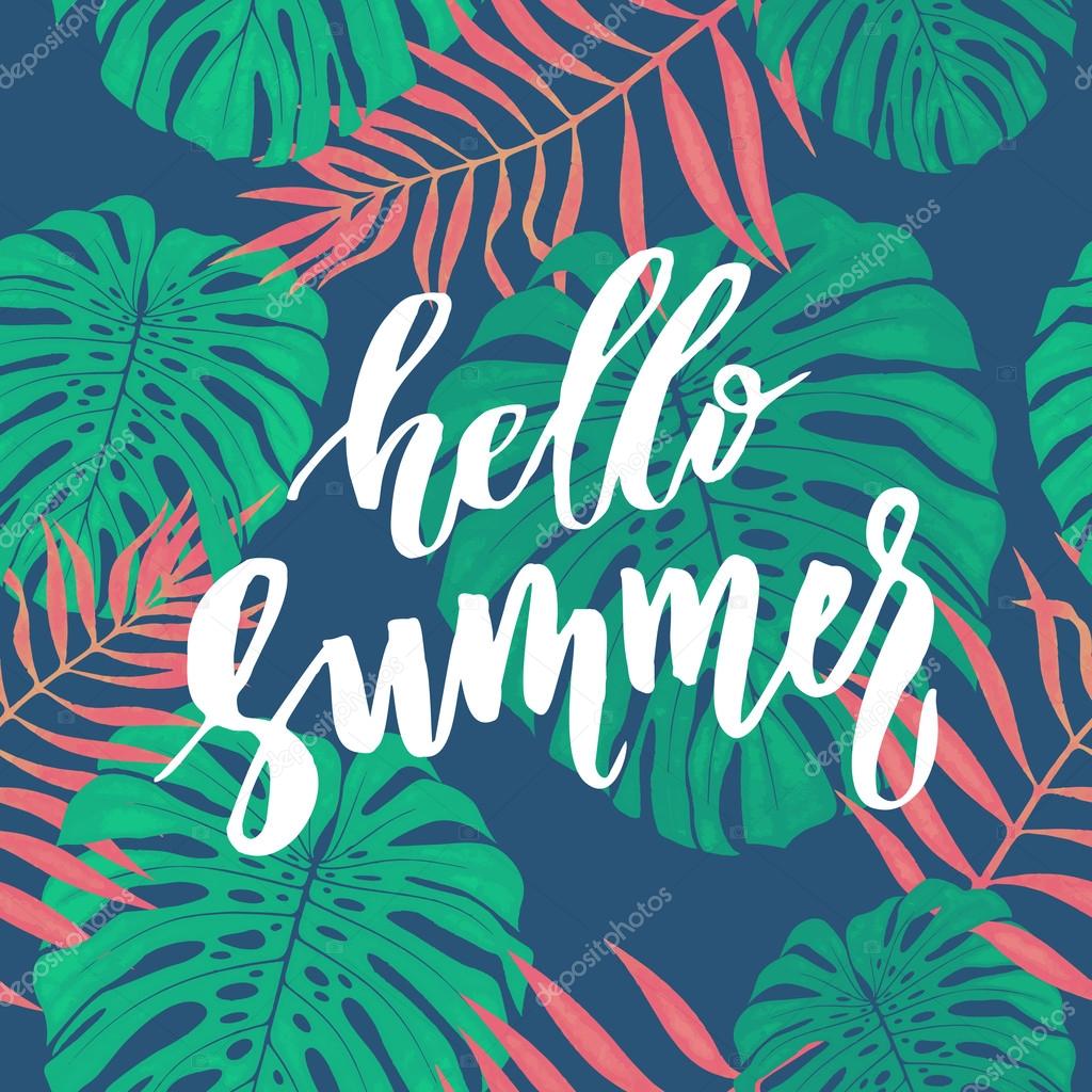 Hello Summer Card With Tropical Leaf Seamless Pattern