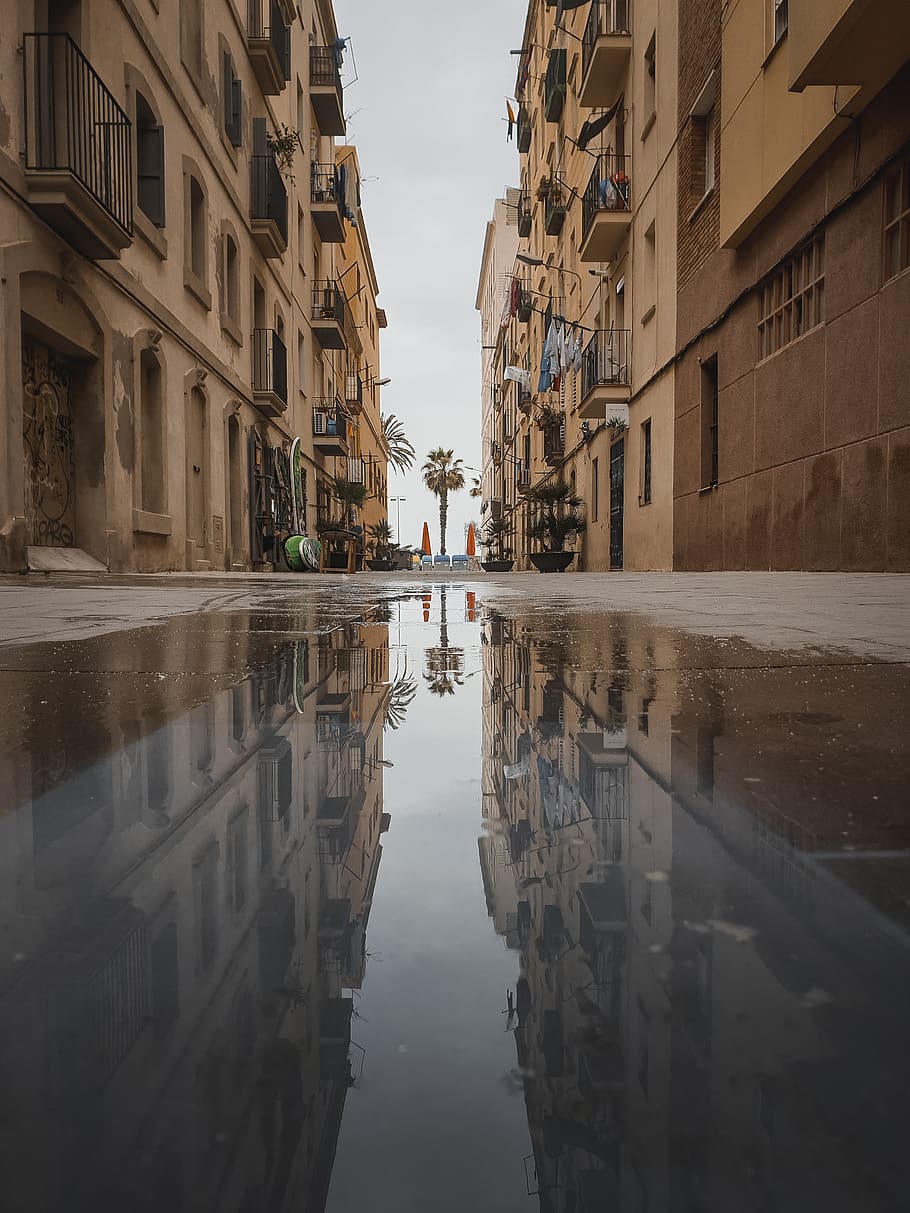 HD wallpaper: puddle, street, urban, spain, road, city, town