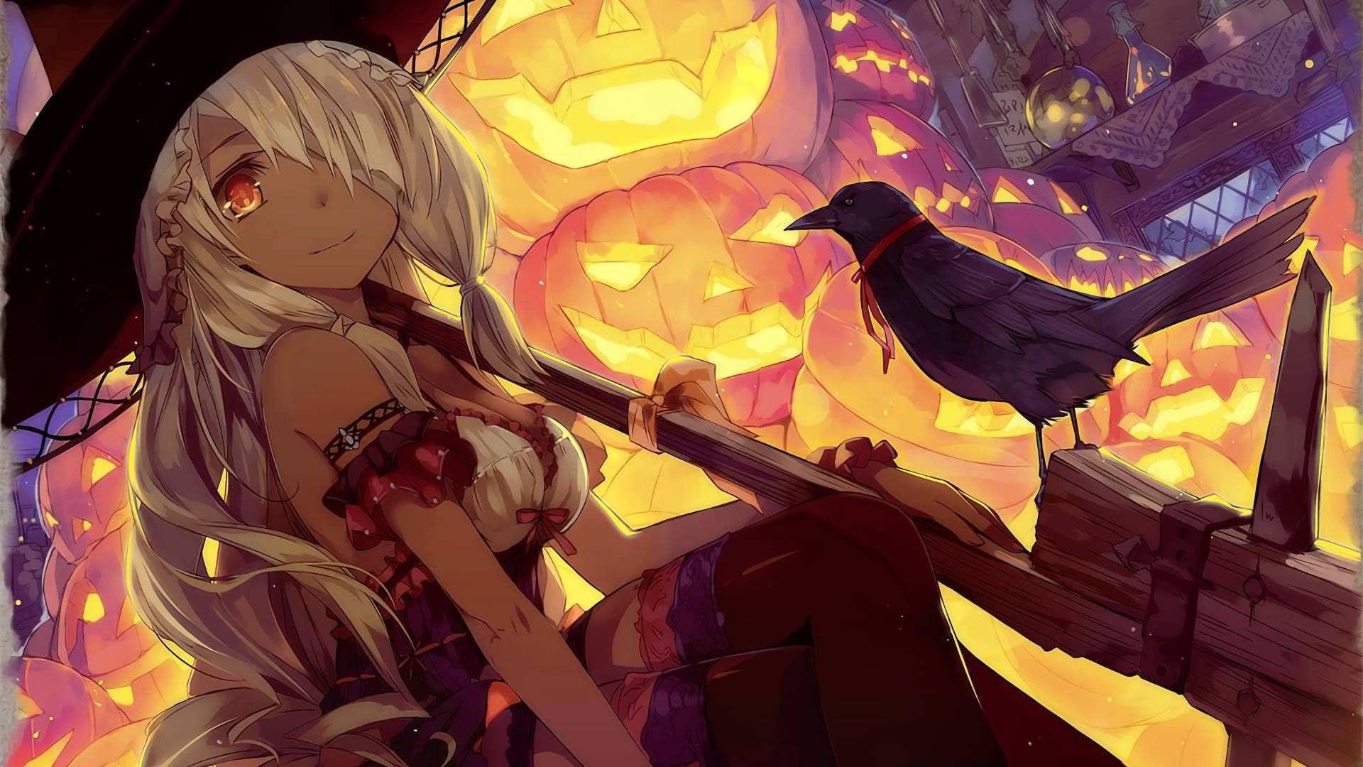 Halloween, anime, fan art, Jack O' Lantern, pumpkin, crow, witch