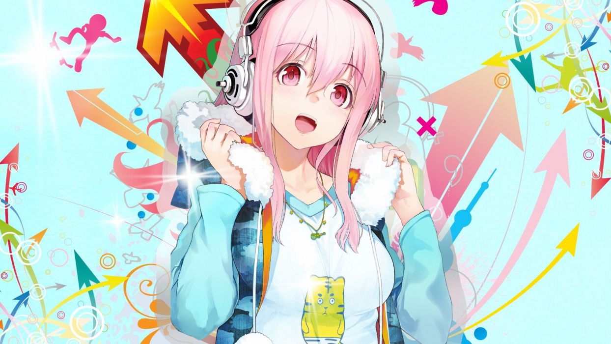 Anime girl pink hair and pink eyes with headphones wallpapers