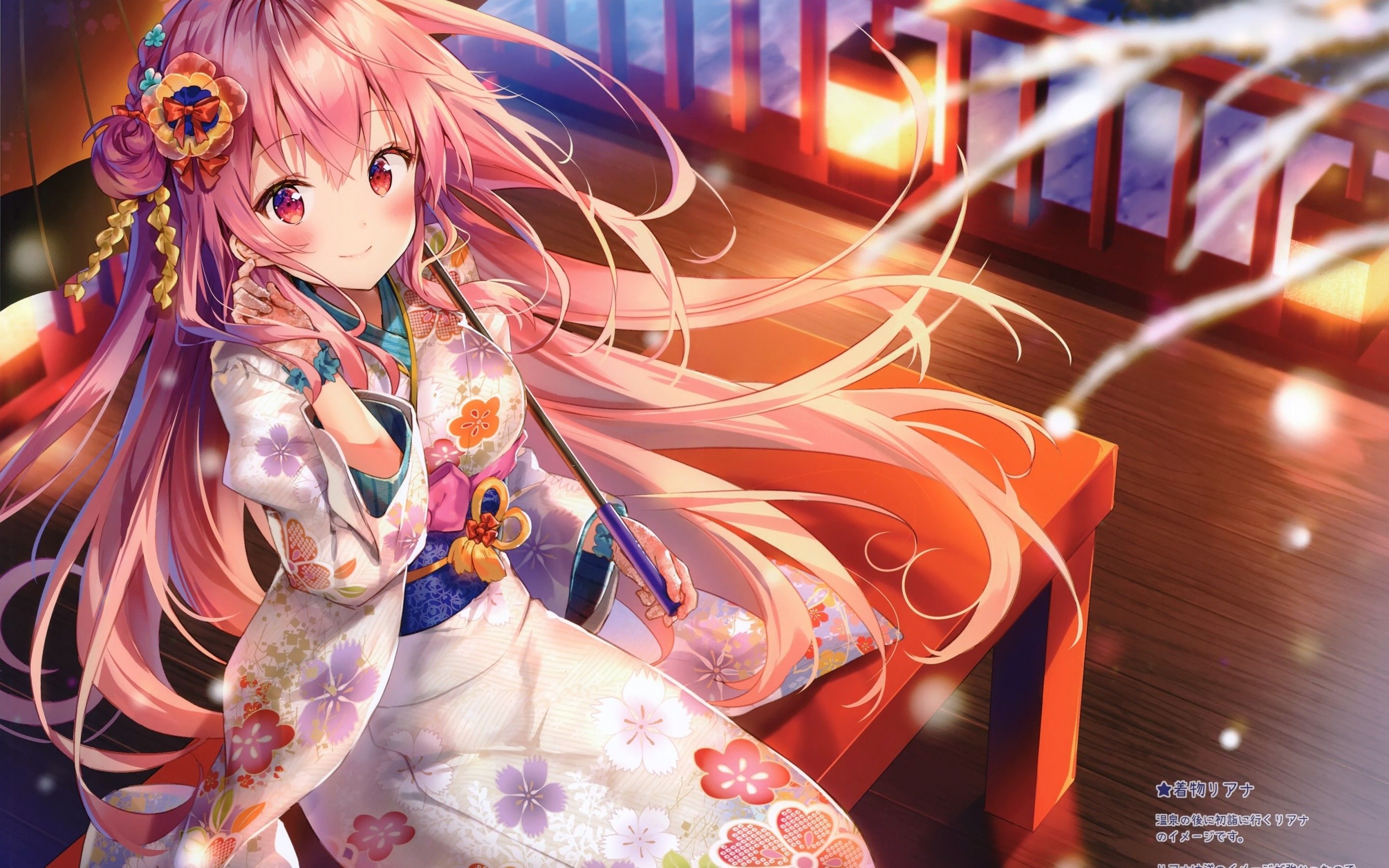Download 2880x1800 Anime Girl, Pink Hair, Kimono, Lantern, Night