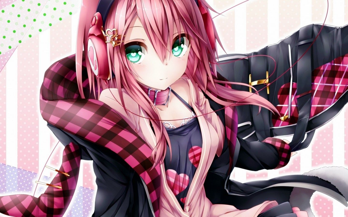 Download 1440x900 Anime Girl, Pink Hair, Headphones, Scarf, Collar