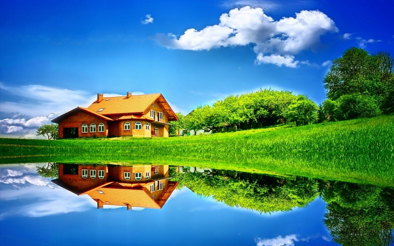 Meadow Glade House Trees Sea wallpaper. Meadow Glade House Trees