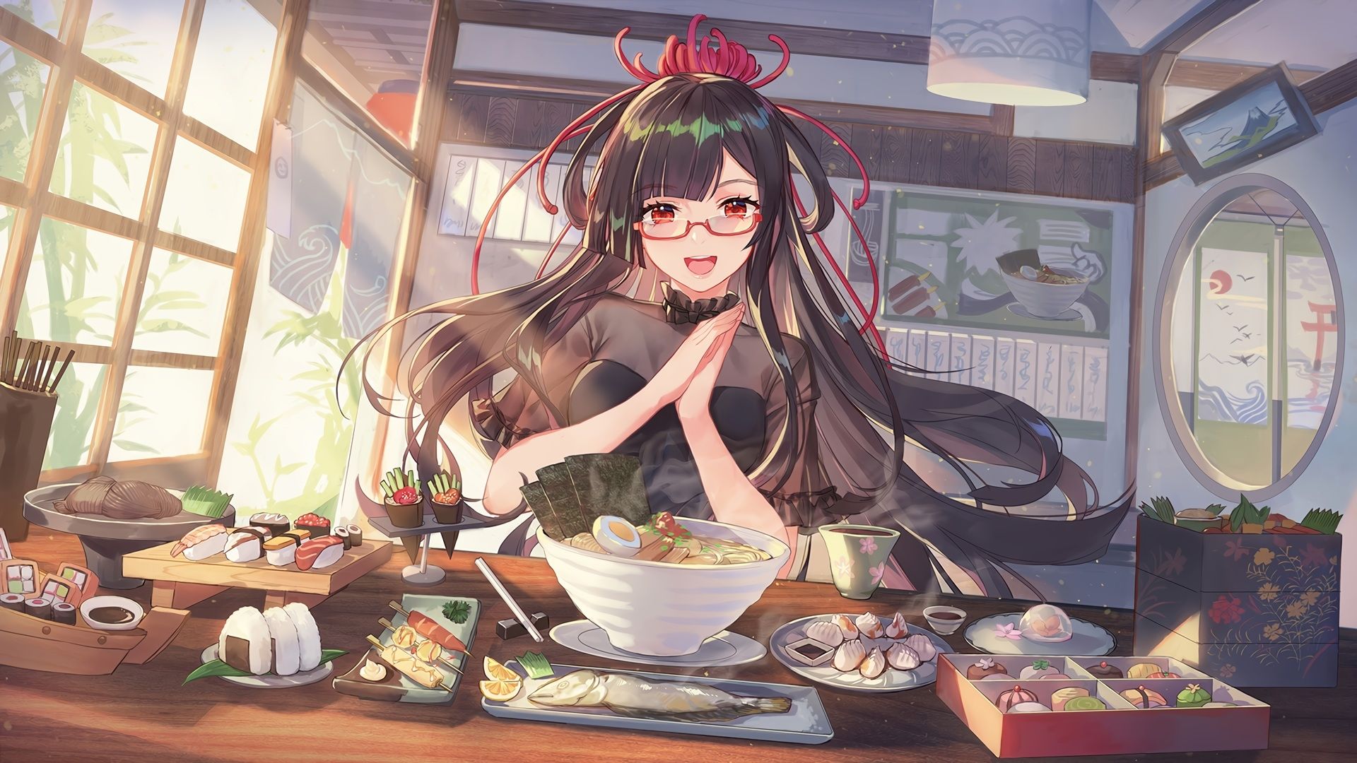 Download 1920x1080 Meganekko, Anime Girl, Cooking, Ramen, Long