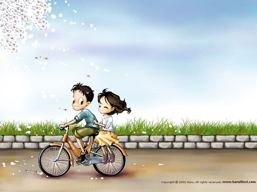 South Korea Cartoon Couple Couple On Bike Wallpaper & Background Download