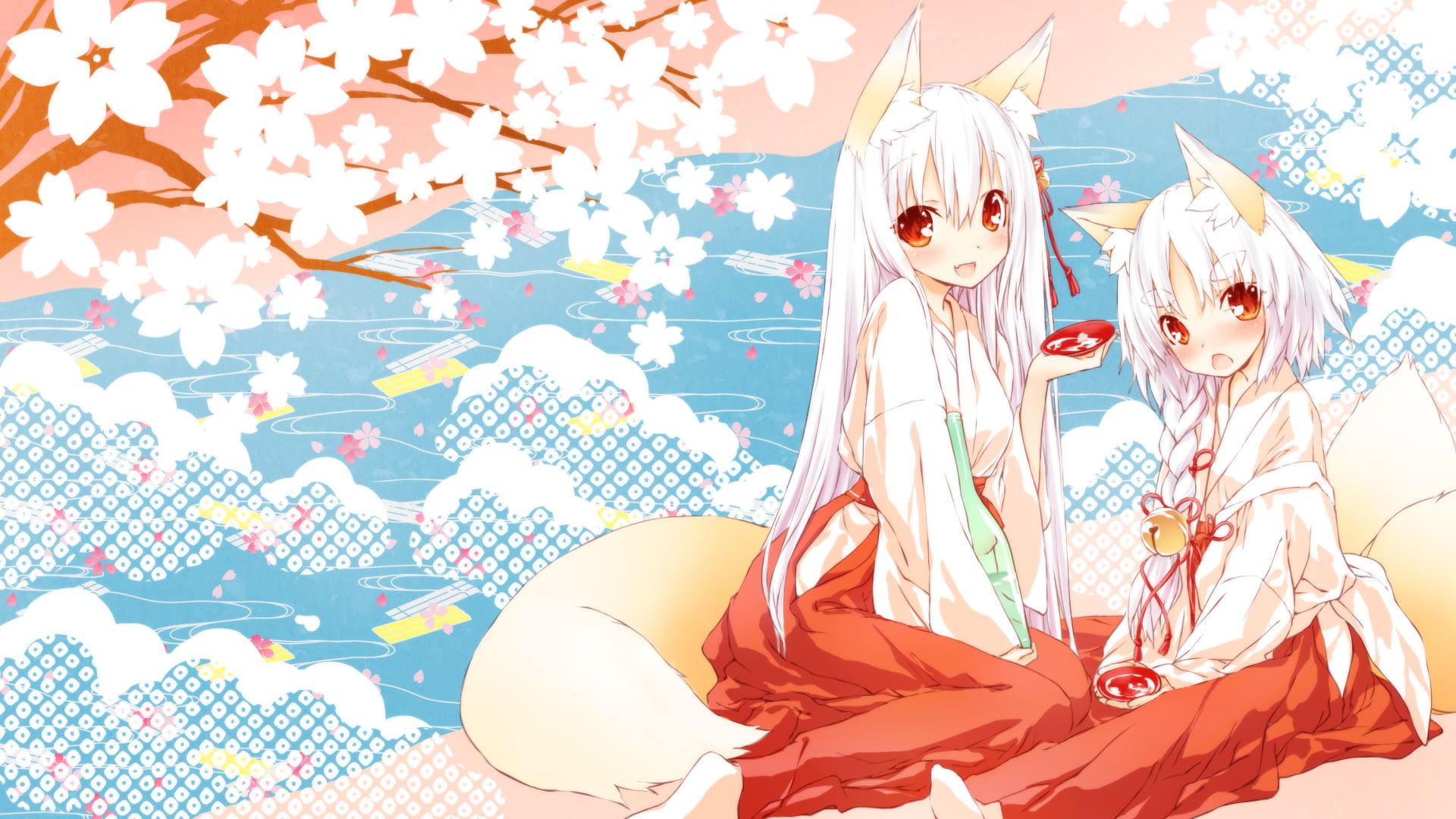 Woman with white hair and tails anime character, fox girl, animal